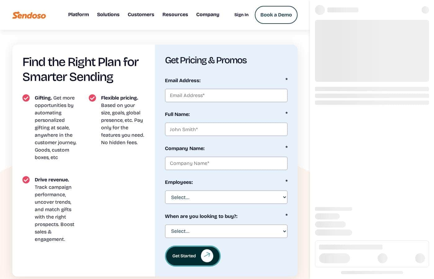 Sendoso pricing page screenshot