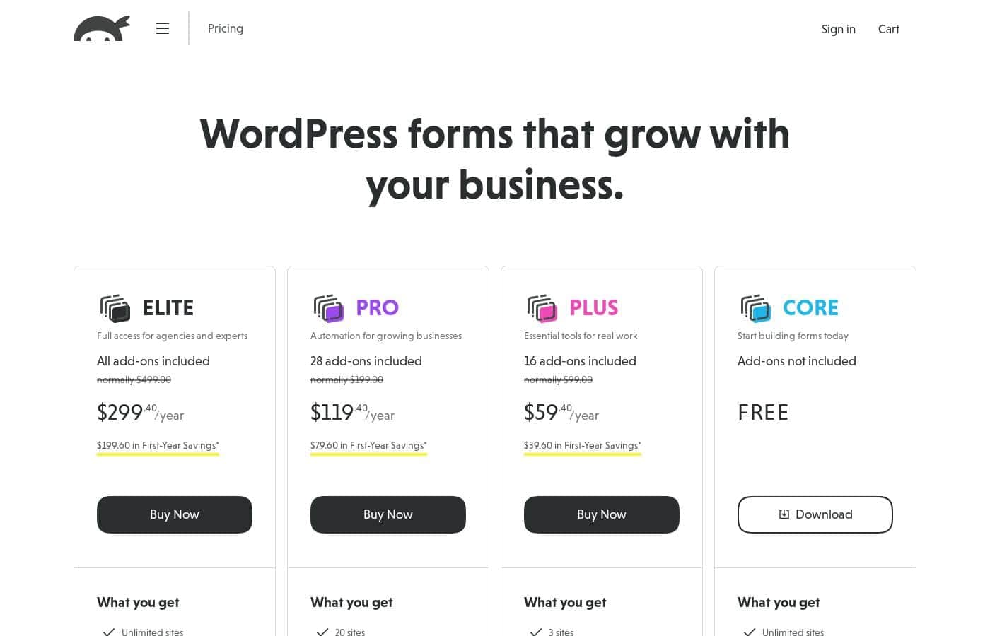 Ninja Forms pricing page screenshot