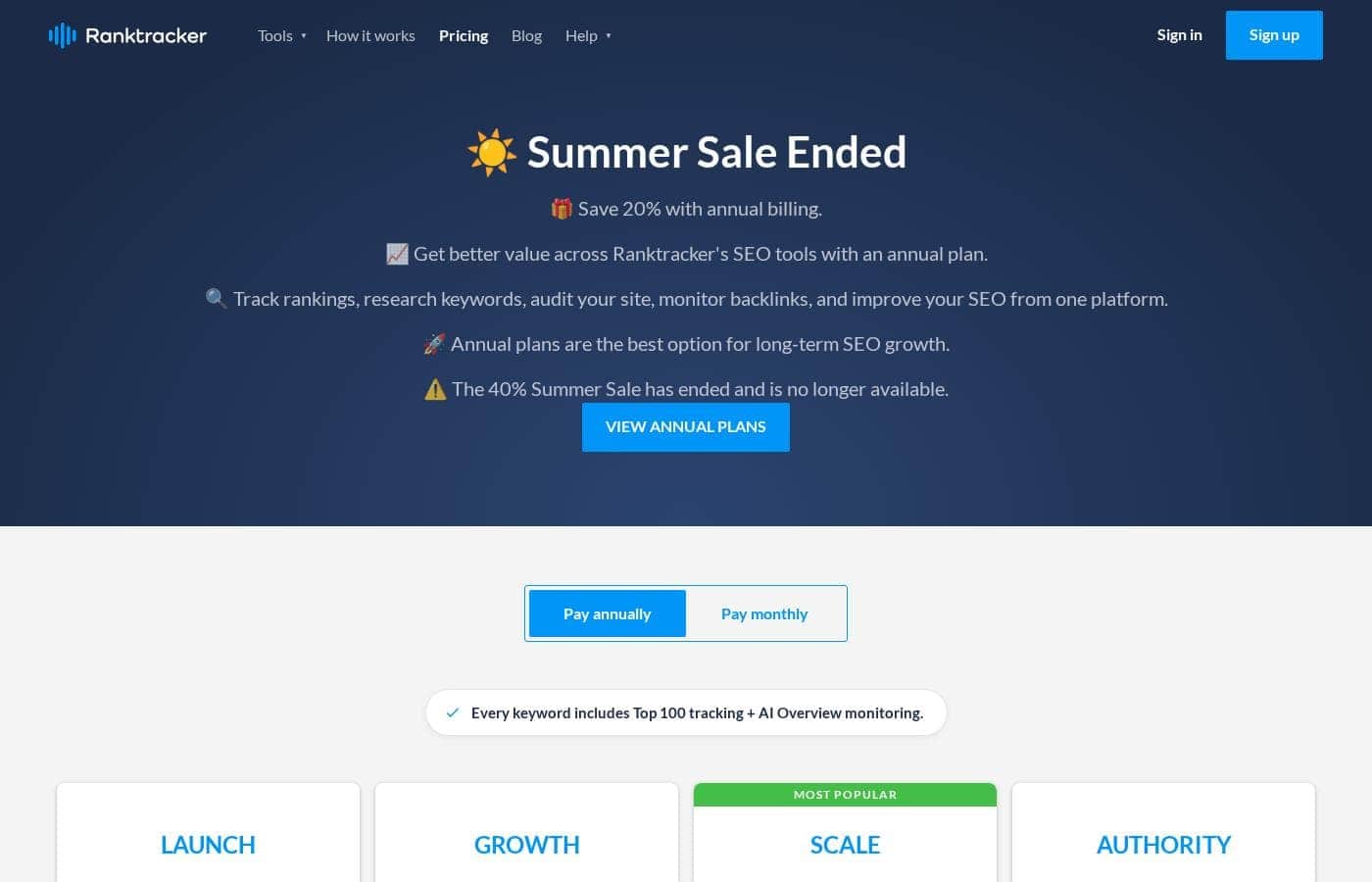 RankTracker pricing page screenshot