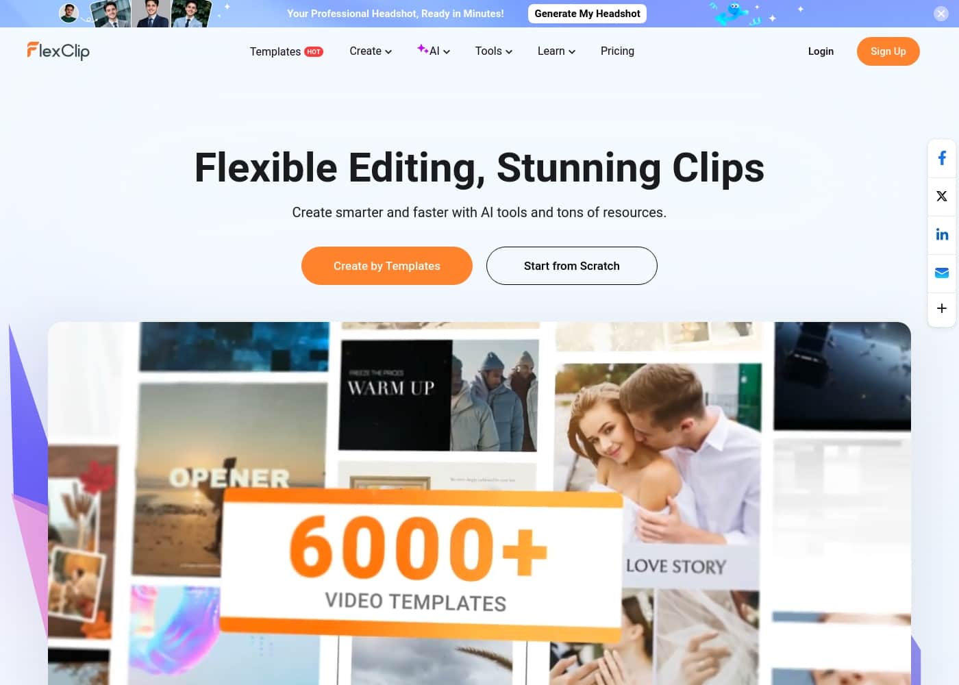FlexClip 홈페이지 스크린샷