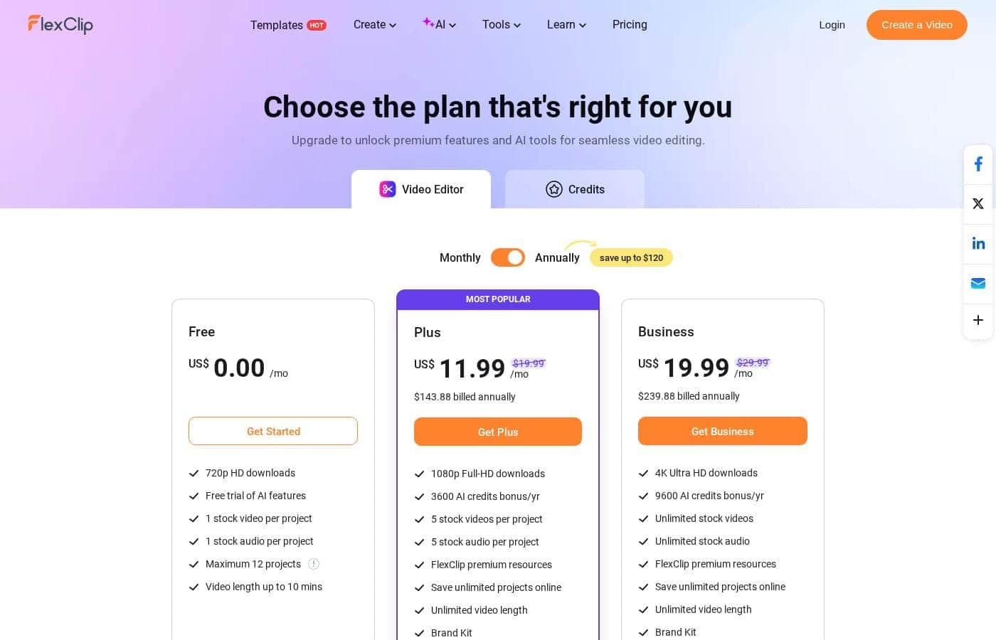 Screenshot della pagina prezzi di FlexClip