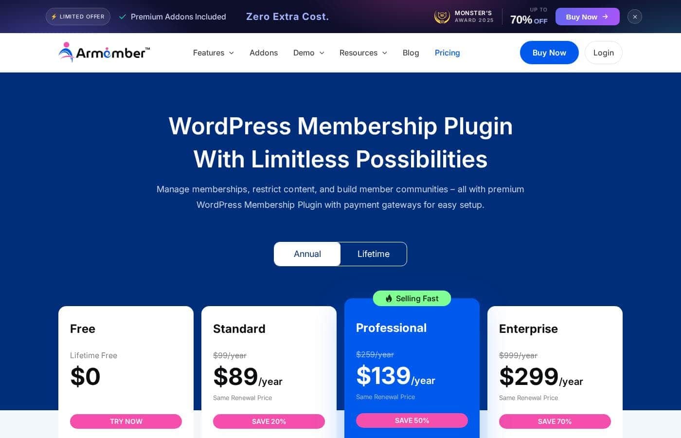 ARMember pricing page screenshot