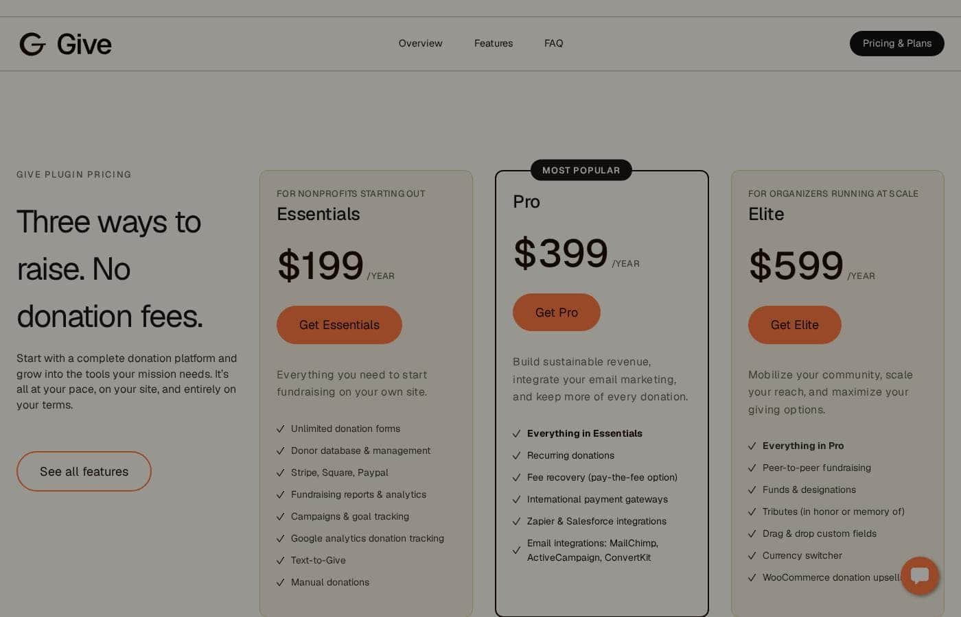 GiveWP pricing page screenshot