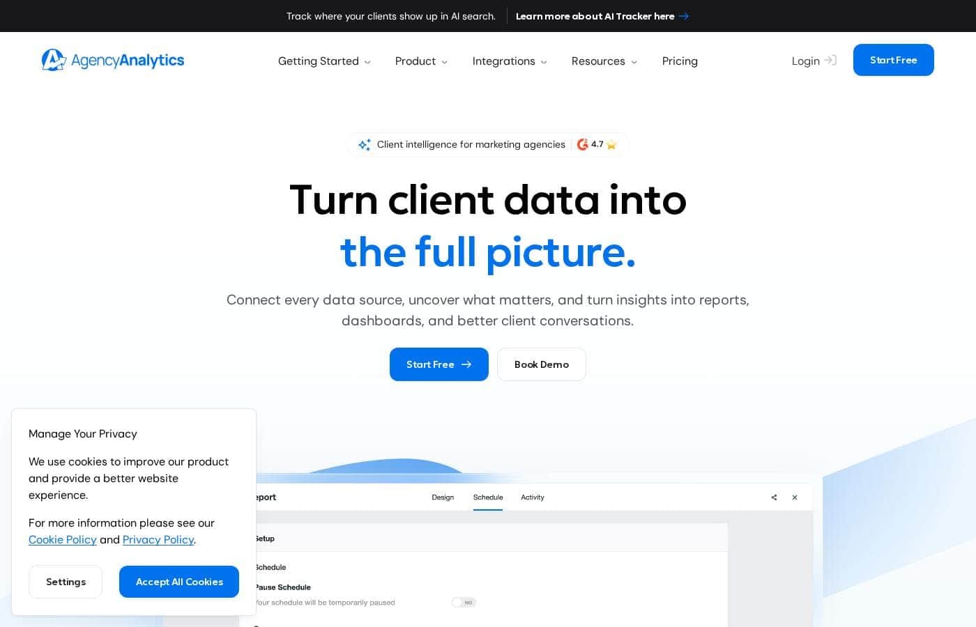 AgencyAnalytics 홈페이지 스크린샷