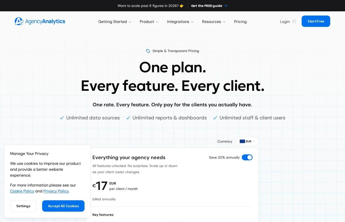 AgencyAnalytics 가격 페이지 스크린샷