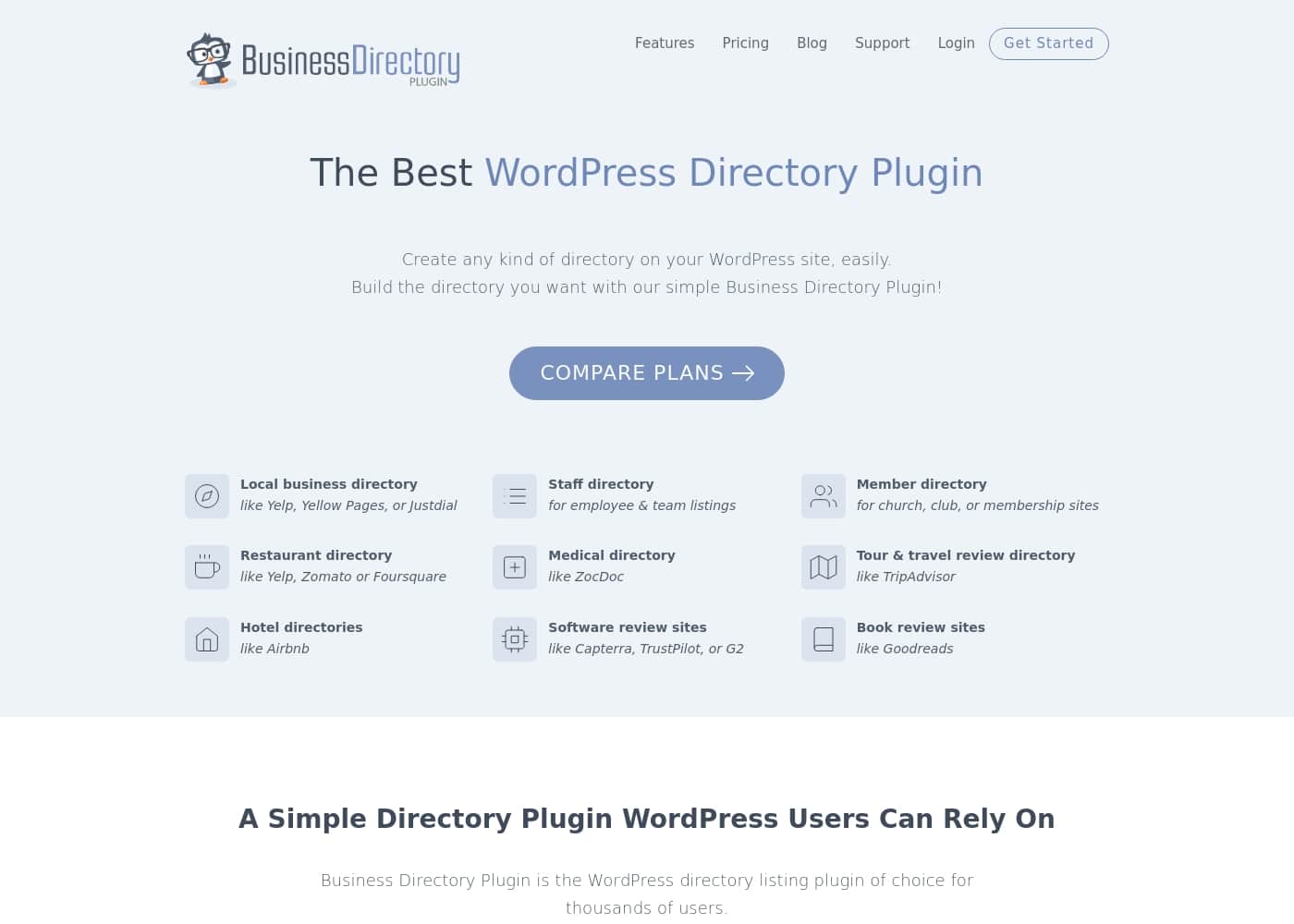 Captura de ecrã da página inicial do Business Directory Plugin