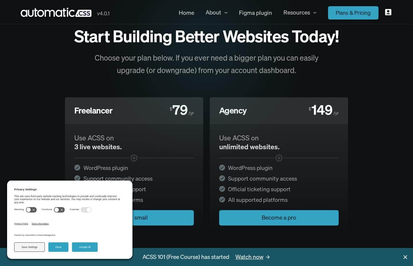 Automatic.css pricing page screenshot