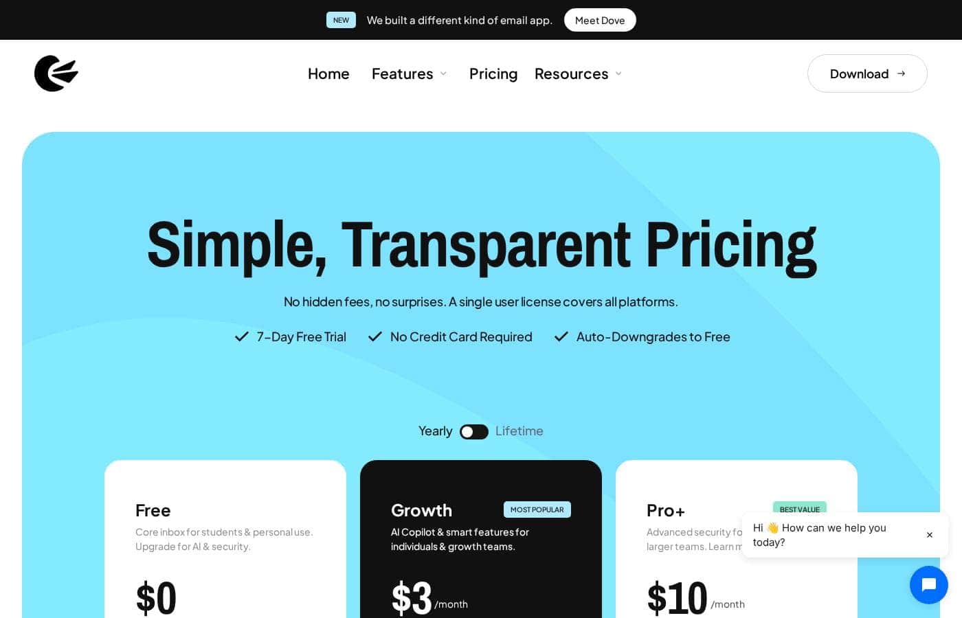 Canary Mail pricing page screenshot