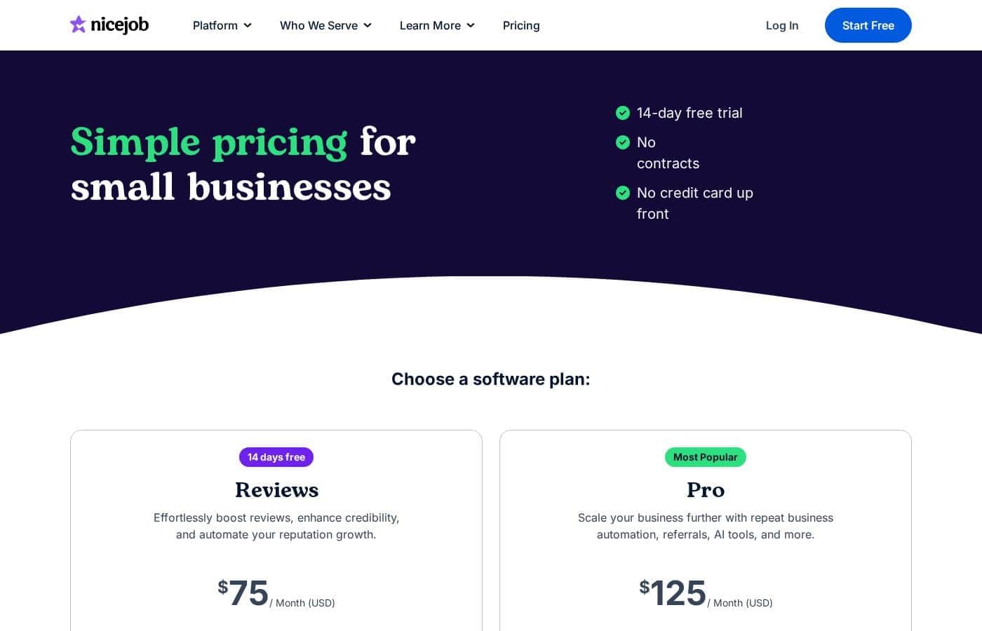NiceJob pricing page screenshot