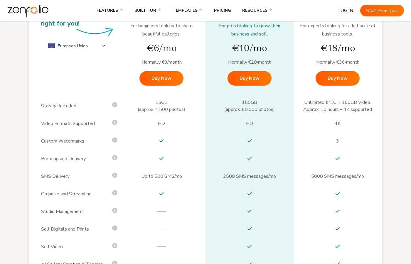 Zenfolio pricing page screenshot