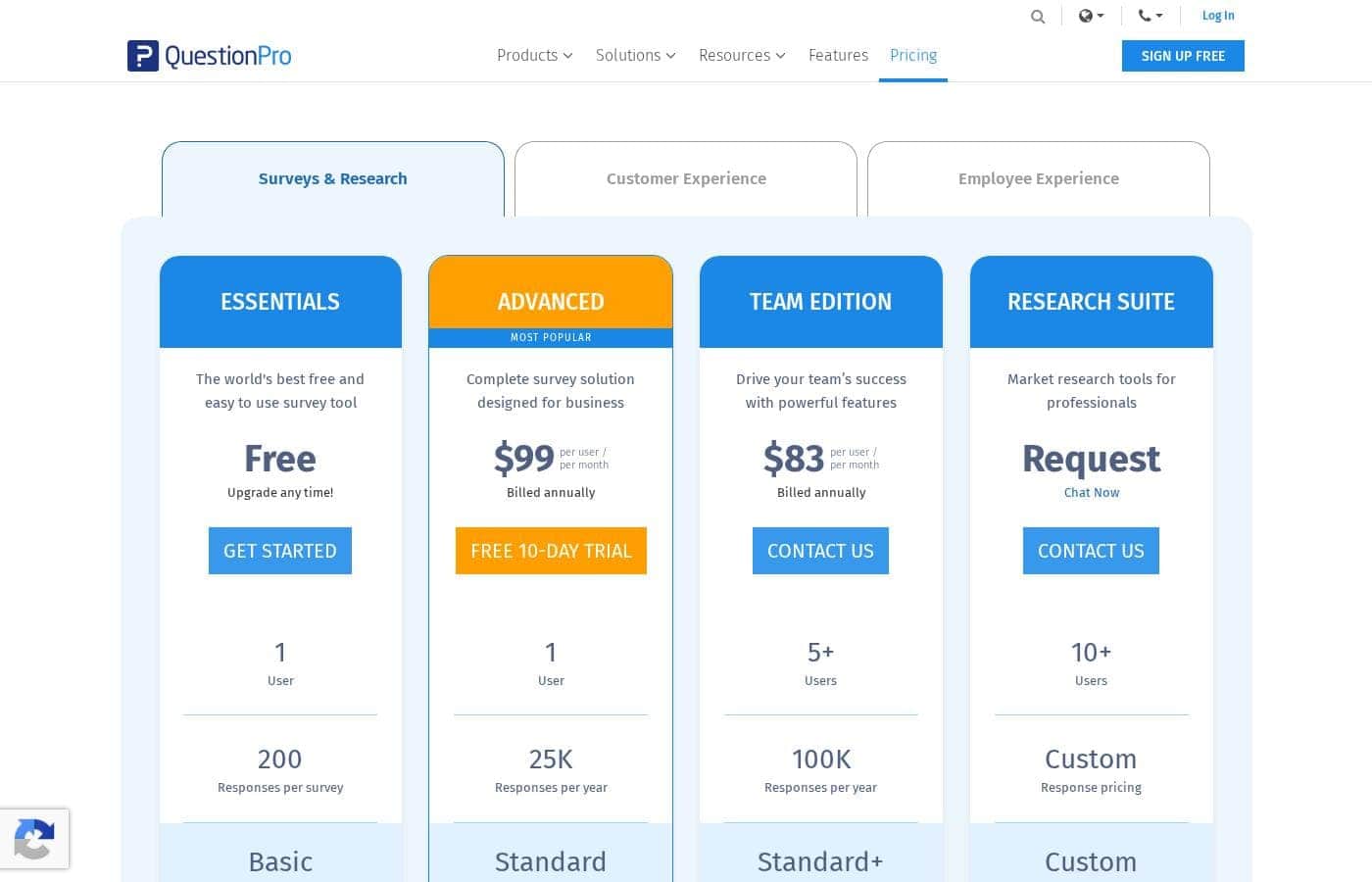 QuestionPro pricing page screenshot