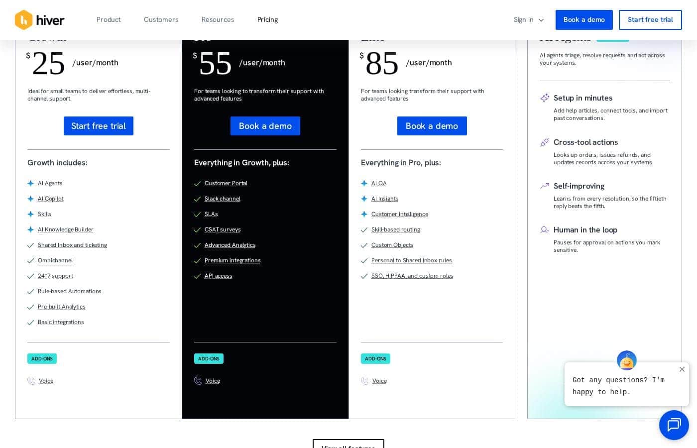 Hiver pricing page screenshot