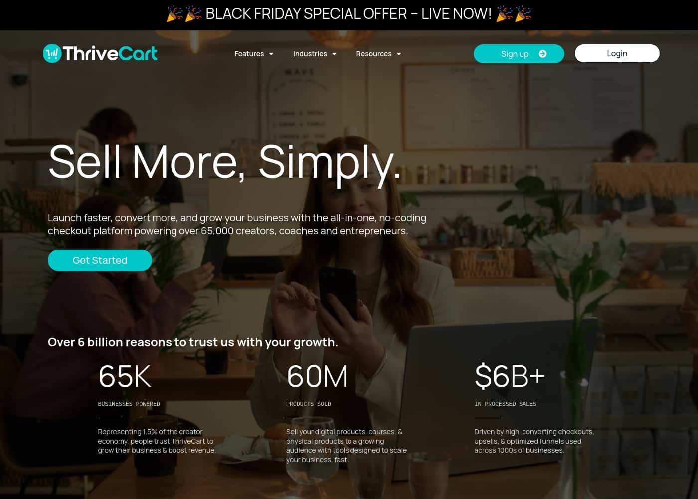 Captura de pantalla de la página de inicio de ThriveCart