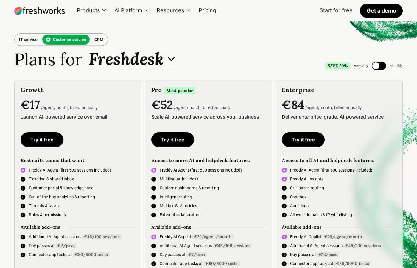 ภาพหน้าจอหน้าราคาของ Freshdesk by Freshworks