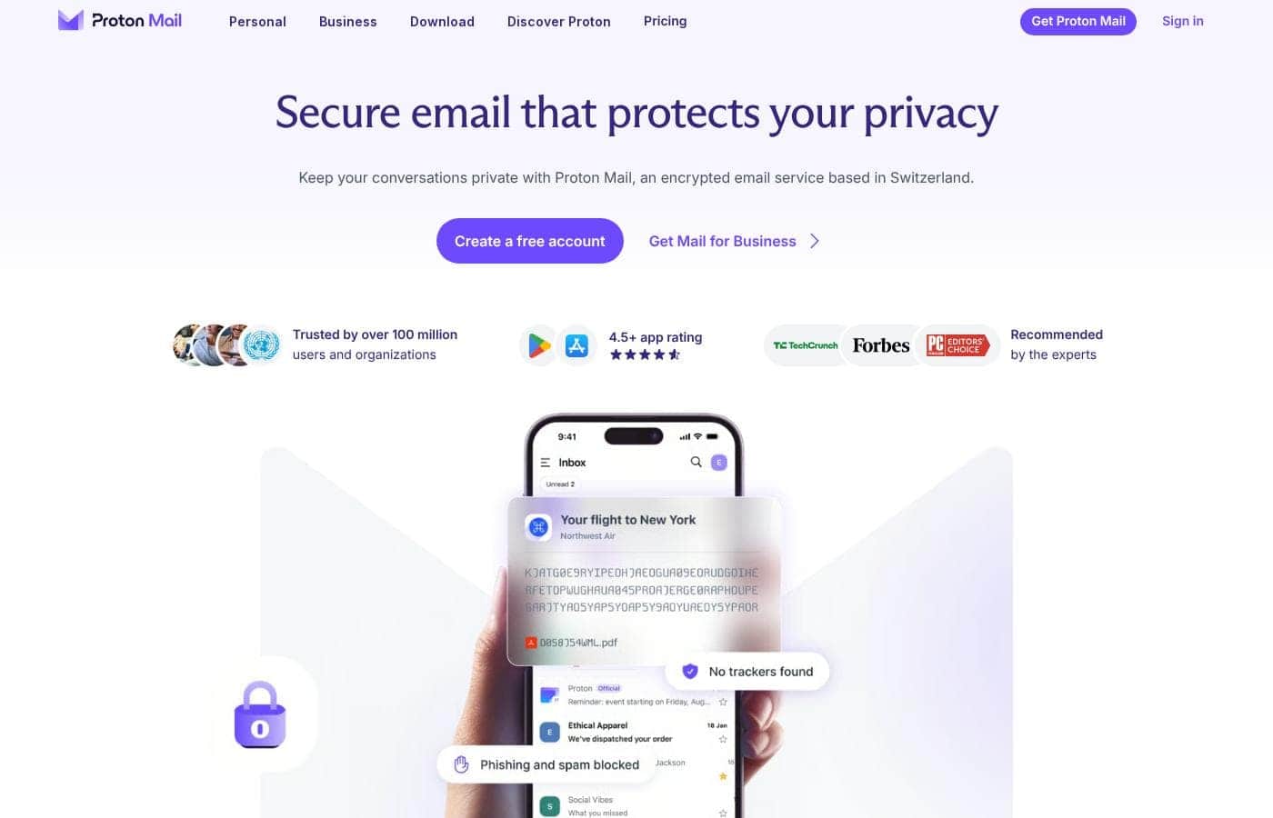 Captura de pantalla de la página de inicio de Proton Mail