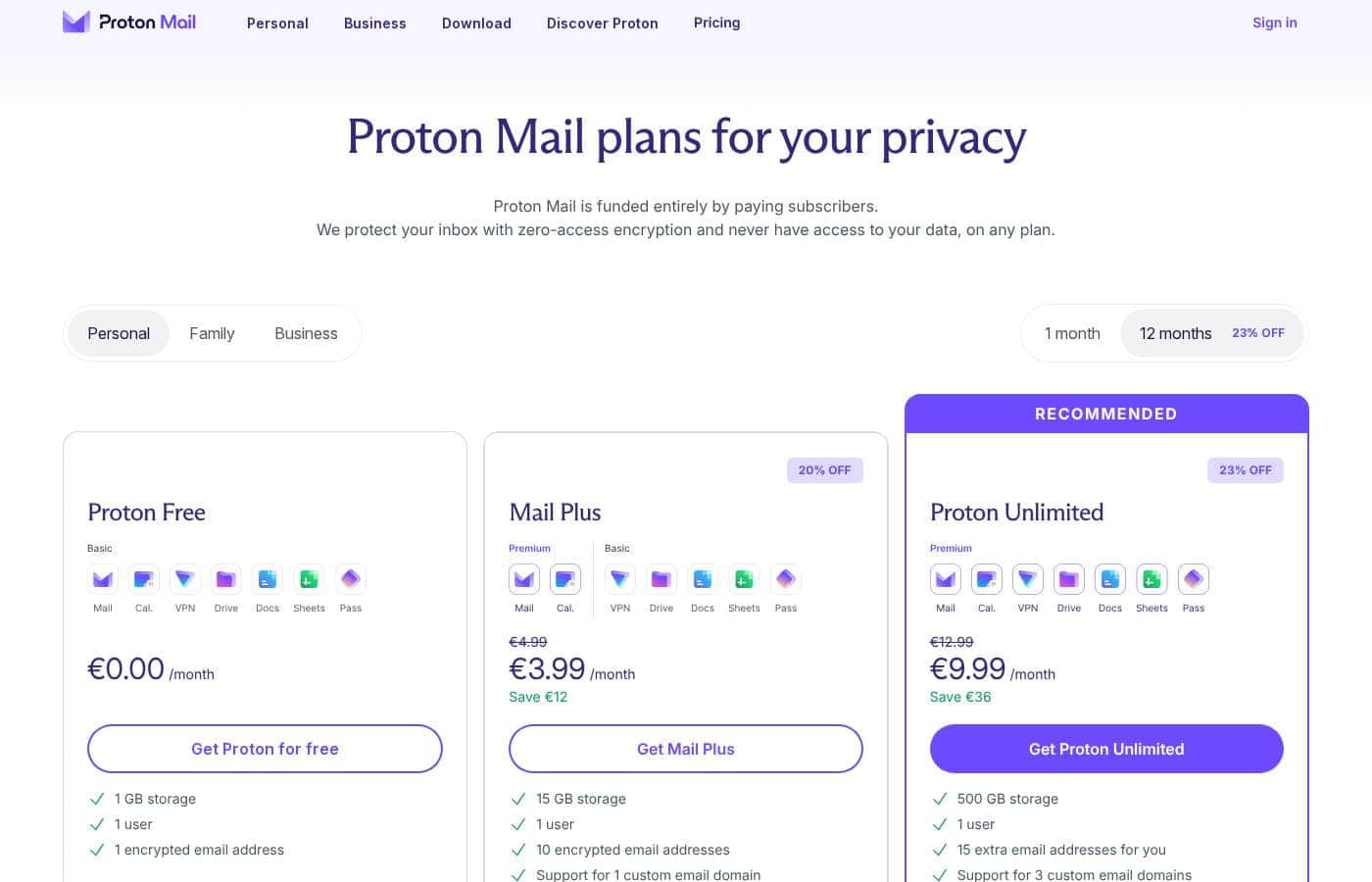 Captura de la página de precios de Proton Mail