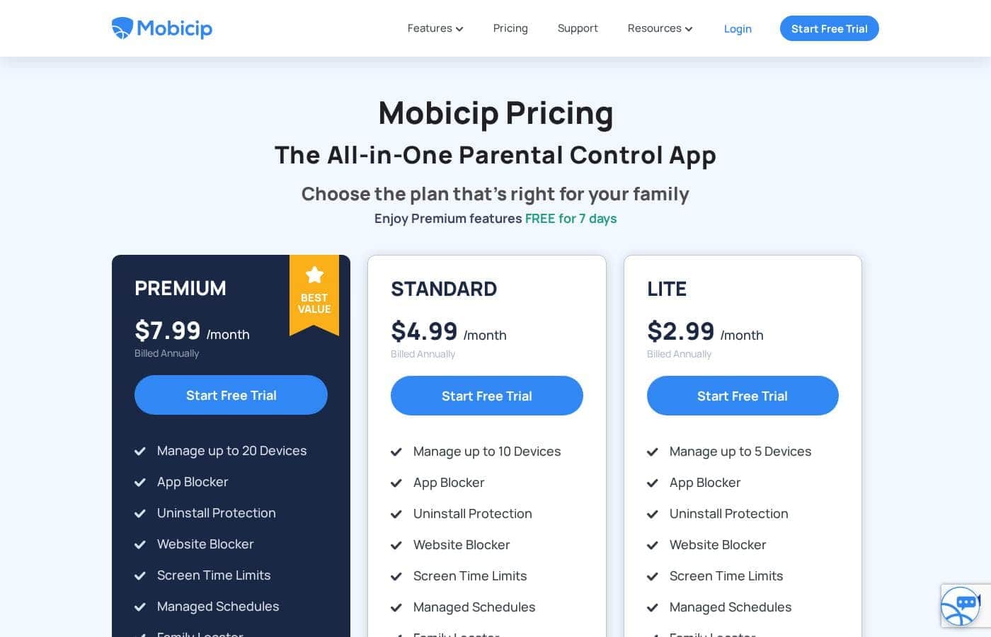 Mobicip pricing page screenshot