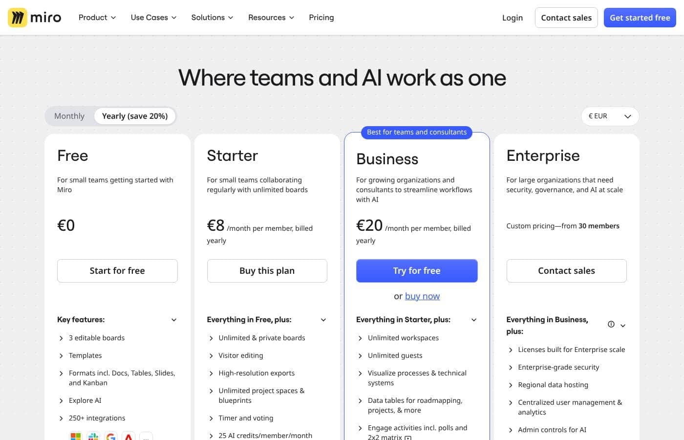 Miro pricing page screenshot