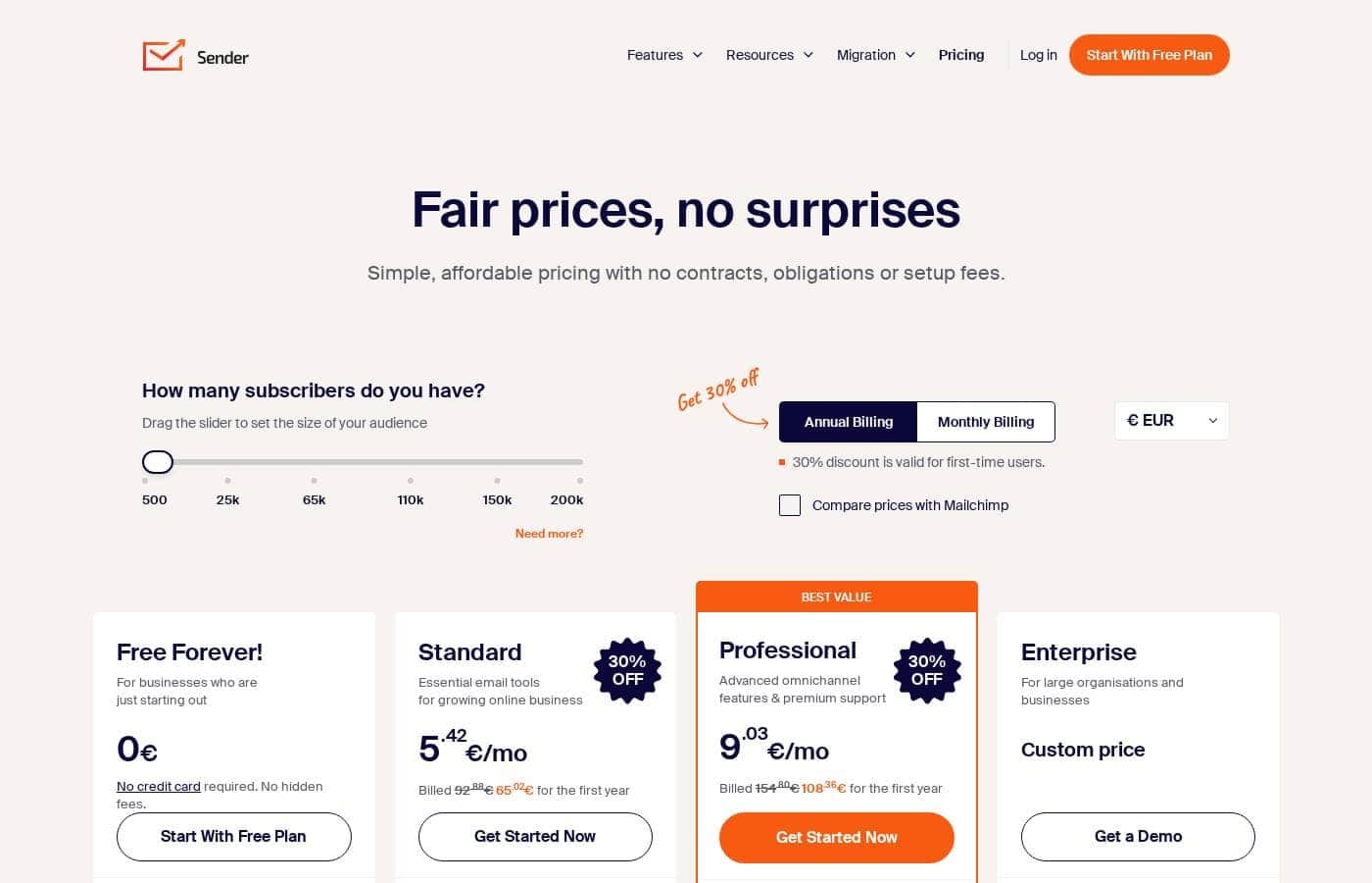 Sender pricing page screenshot