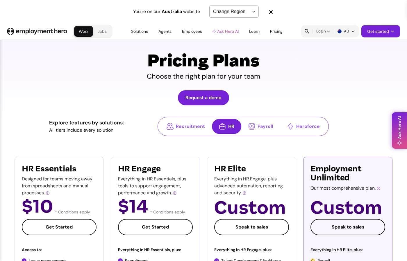 Employment Hero pricing page screenshot