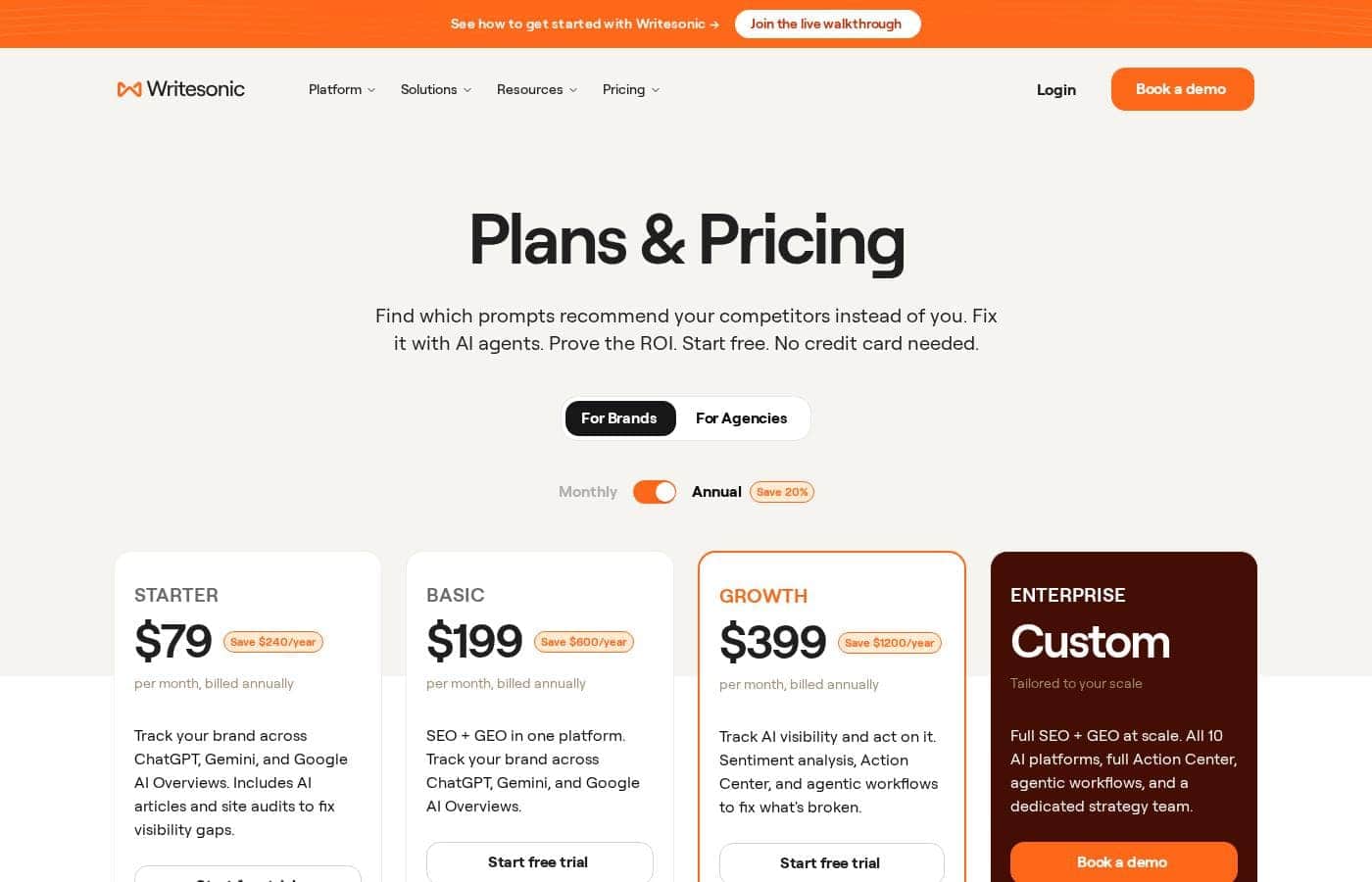 Writesonic pricing page screenshot