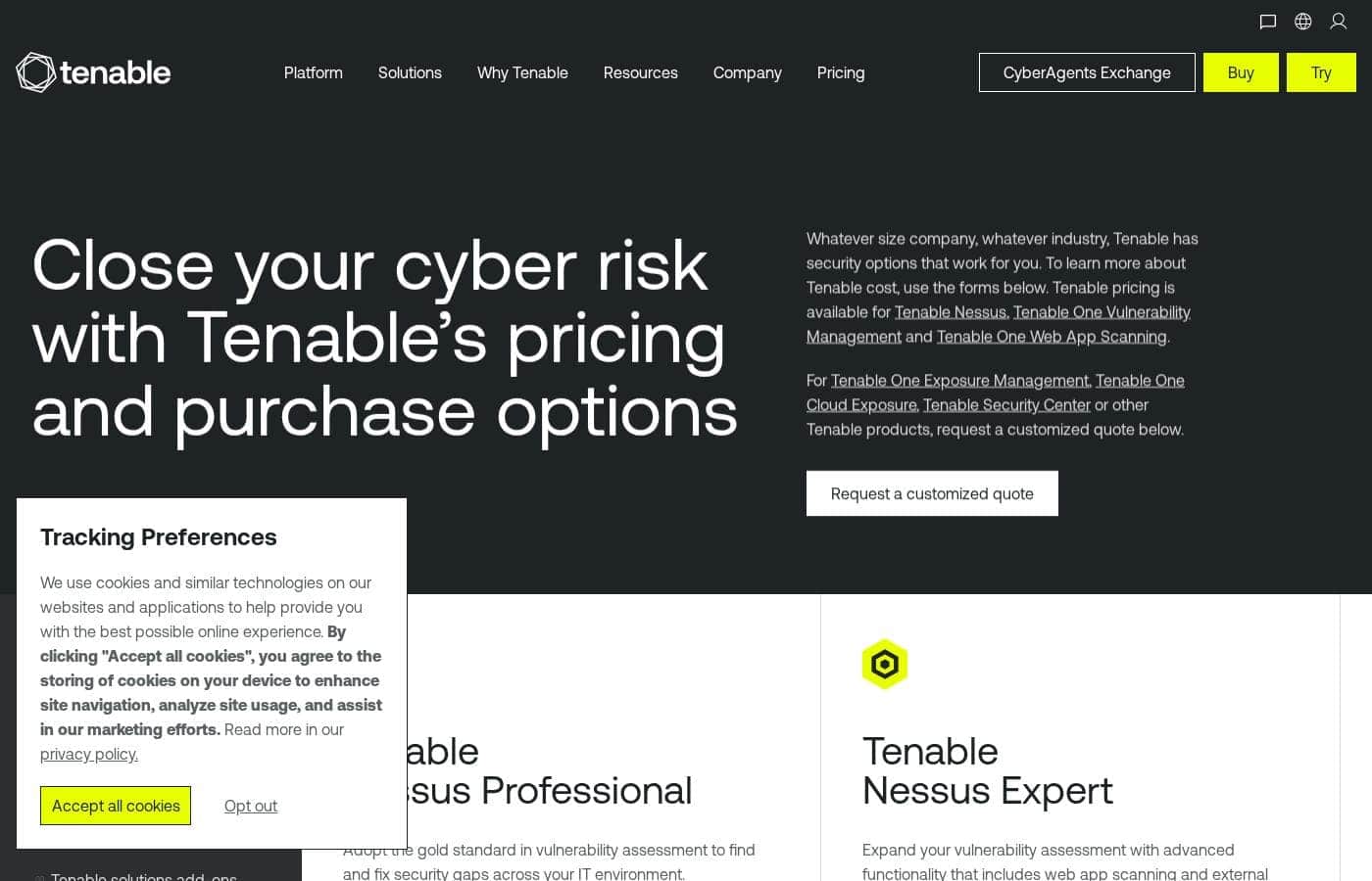 Tenable pricing page screenshot