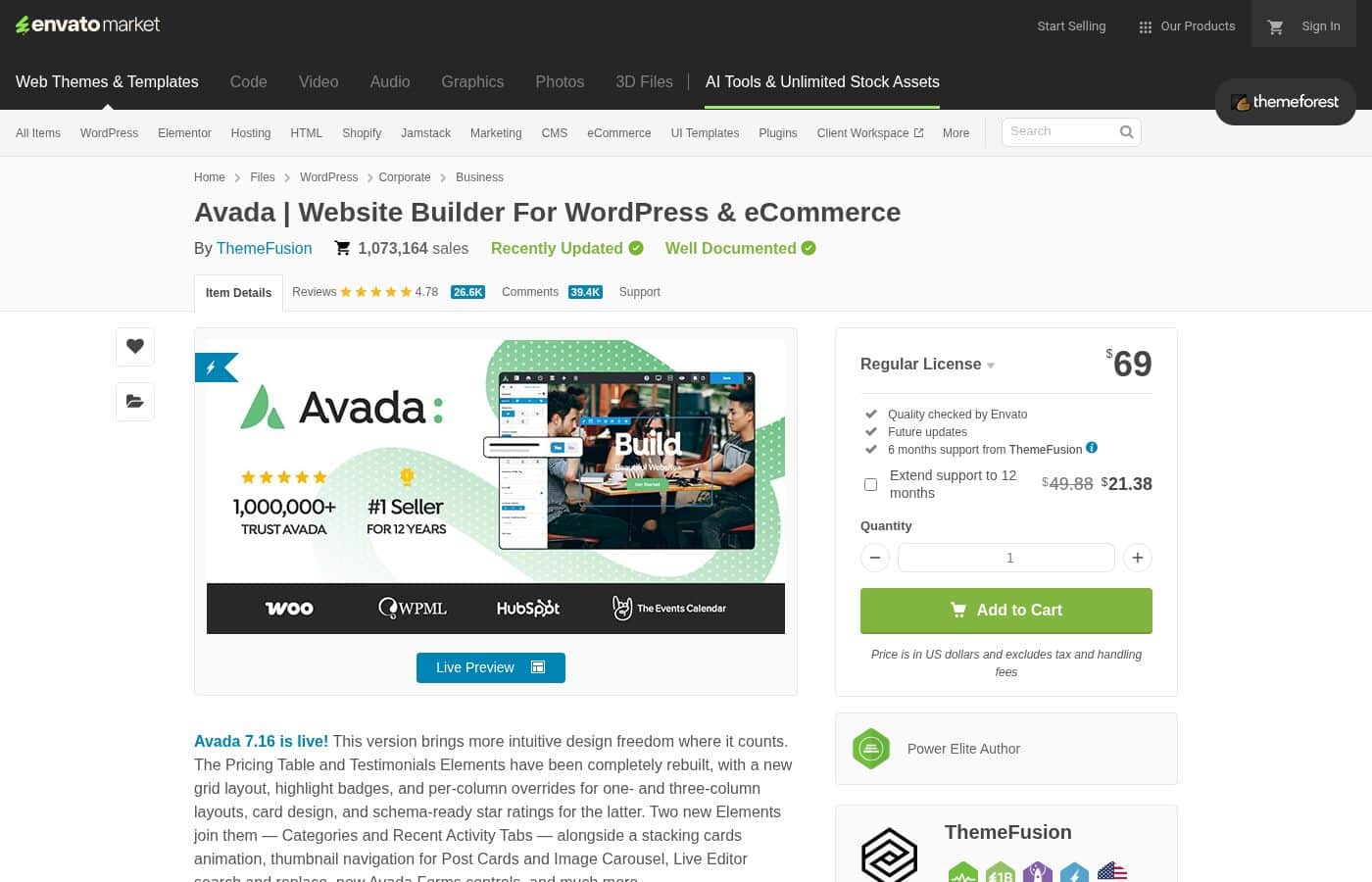 Avada pricing page screenshot