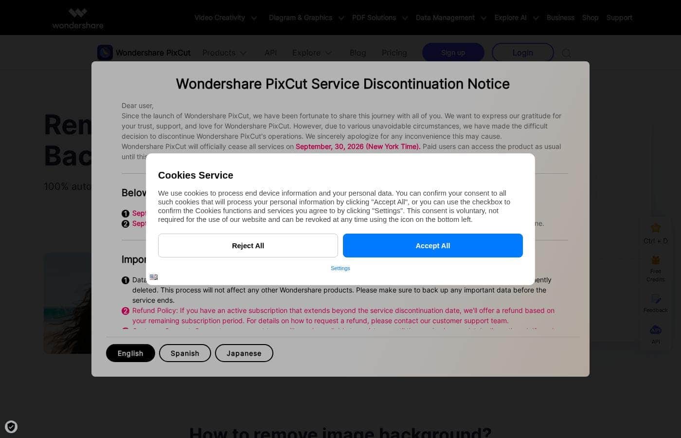 PixCut homepage screenshot