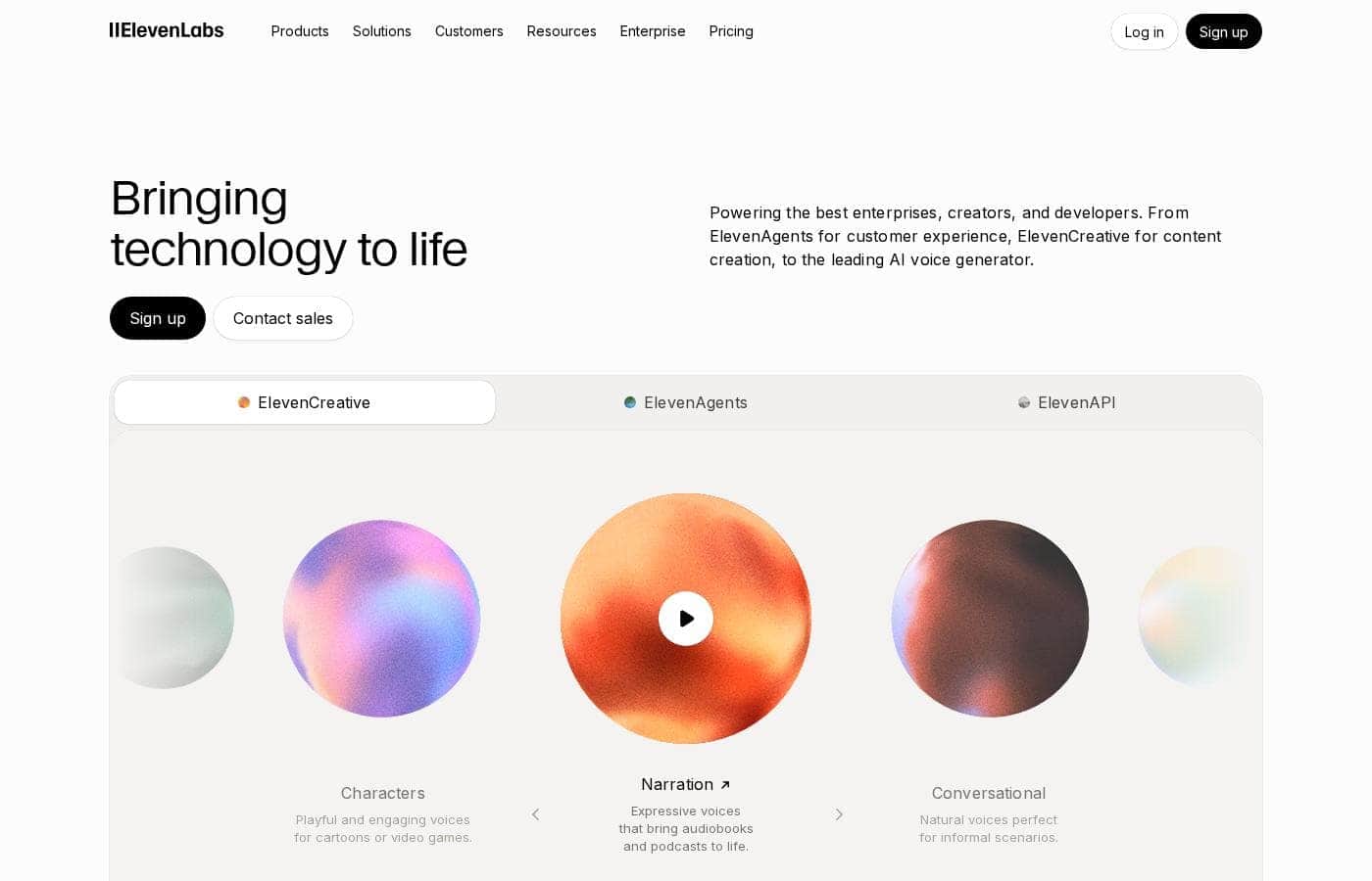 Screenshot della homepage di ElevenLabs