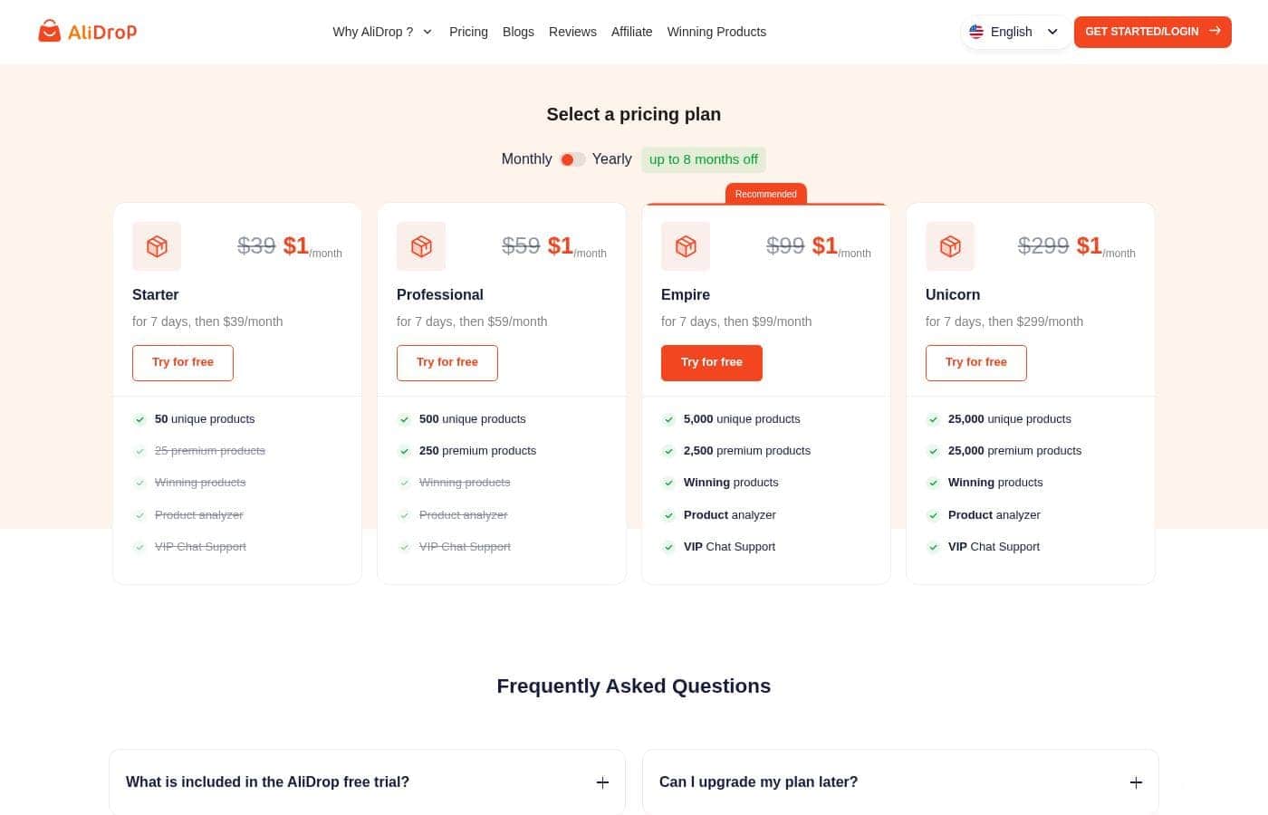 Alidrop pricing page screenshot