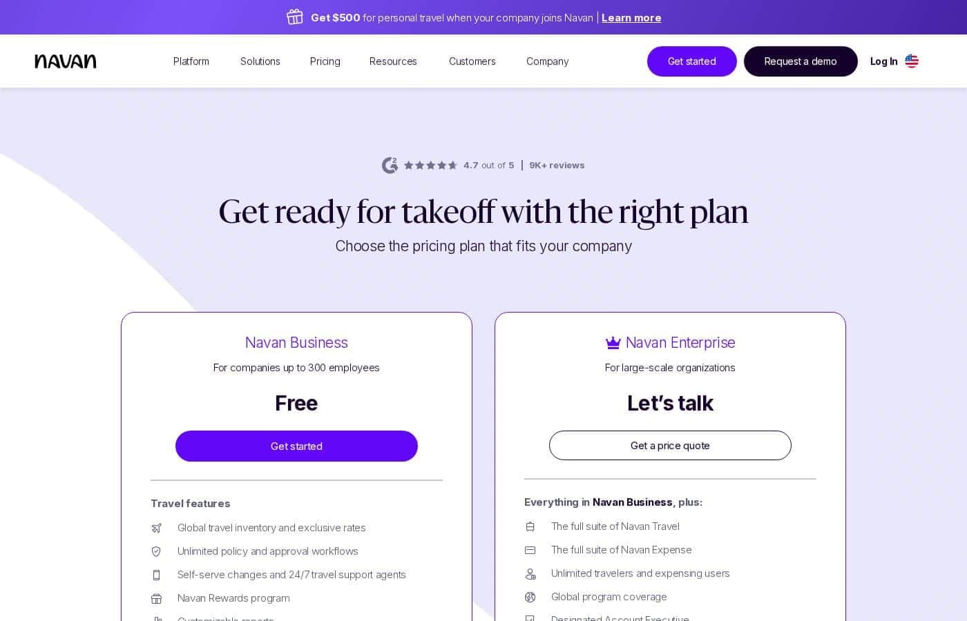 Navan pricing page screenshot