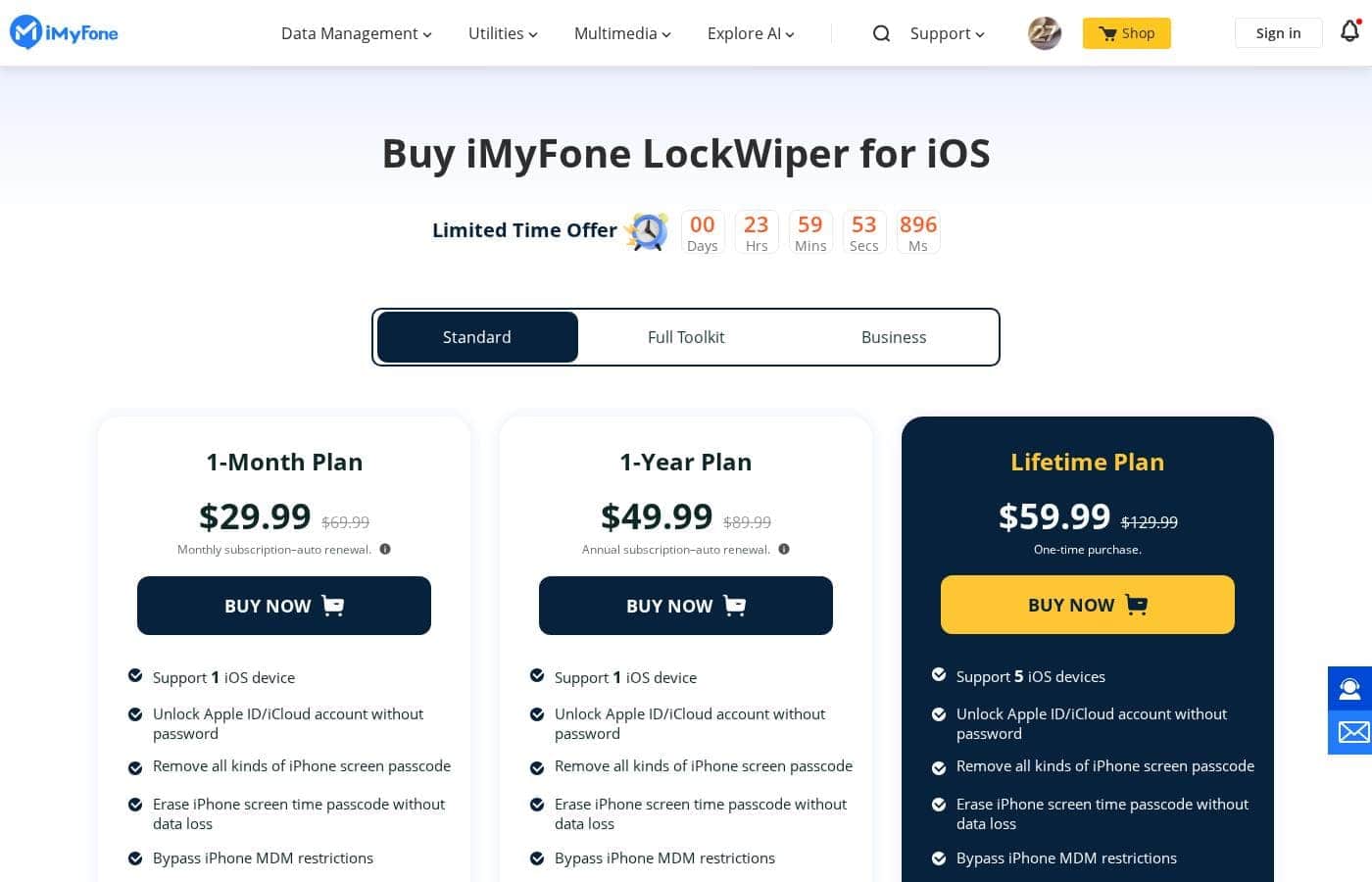 iMyFone LockWiper pricing page screenshot