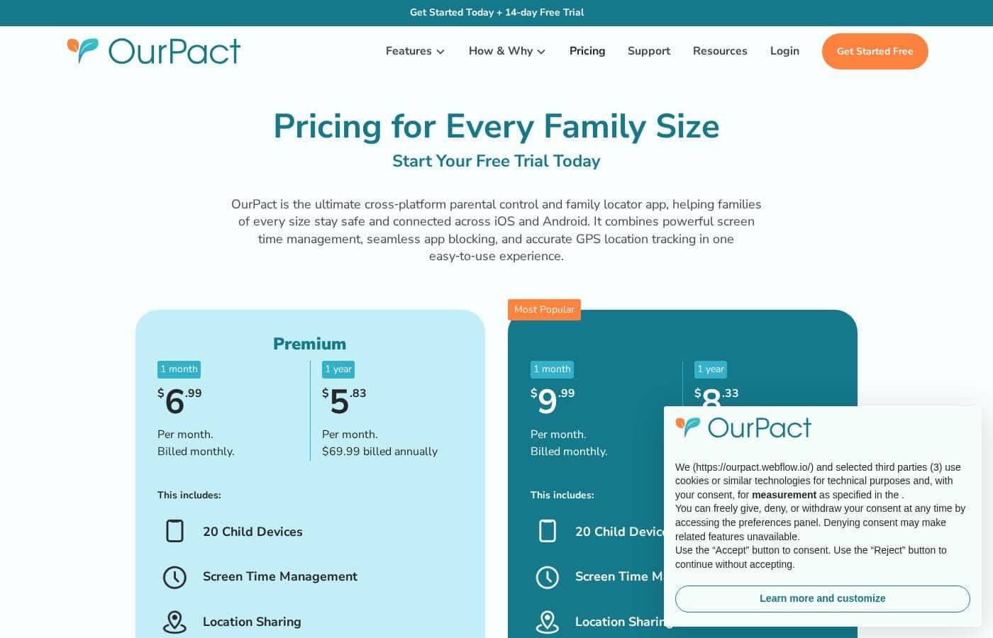 OurPact pricing page screenshot