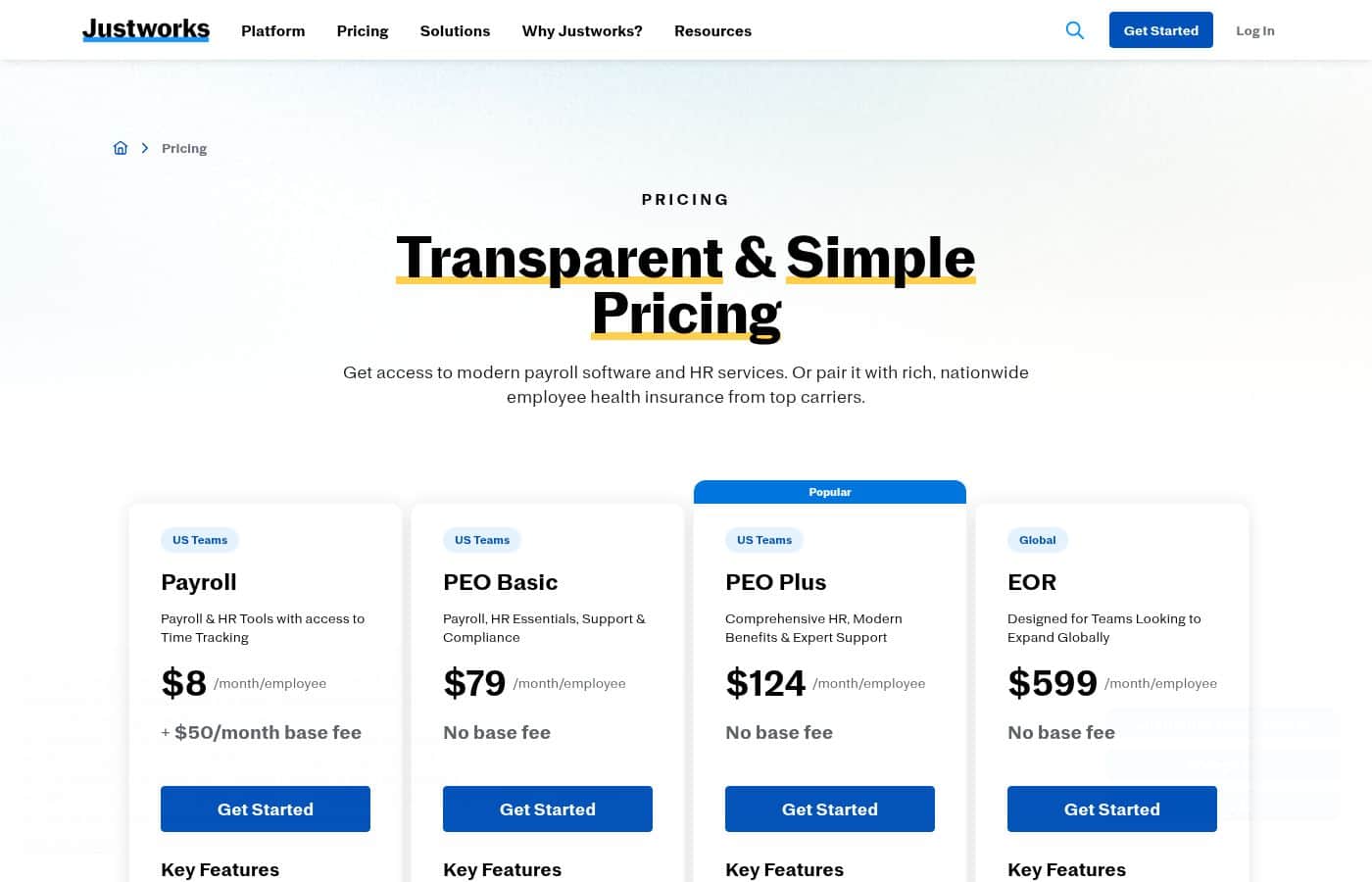 Justworks pricing page screenshot