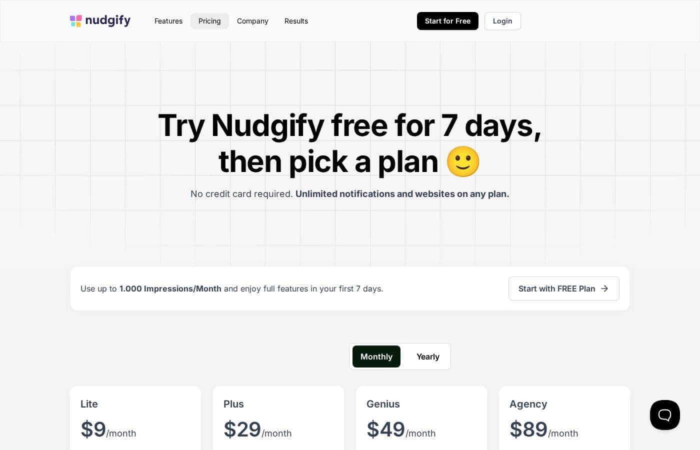 Nudgifyの料金ページのスクリーンショット