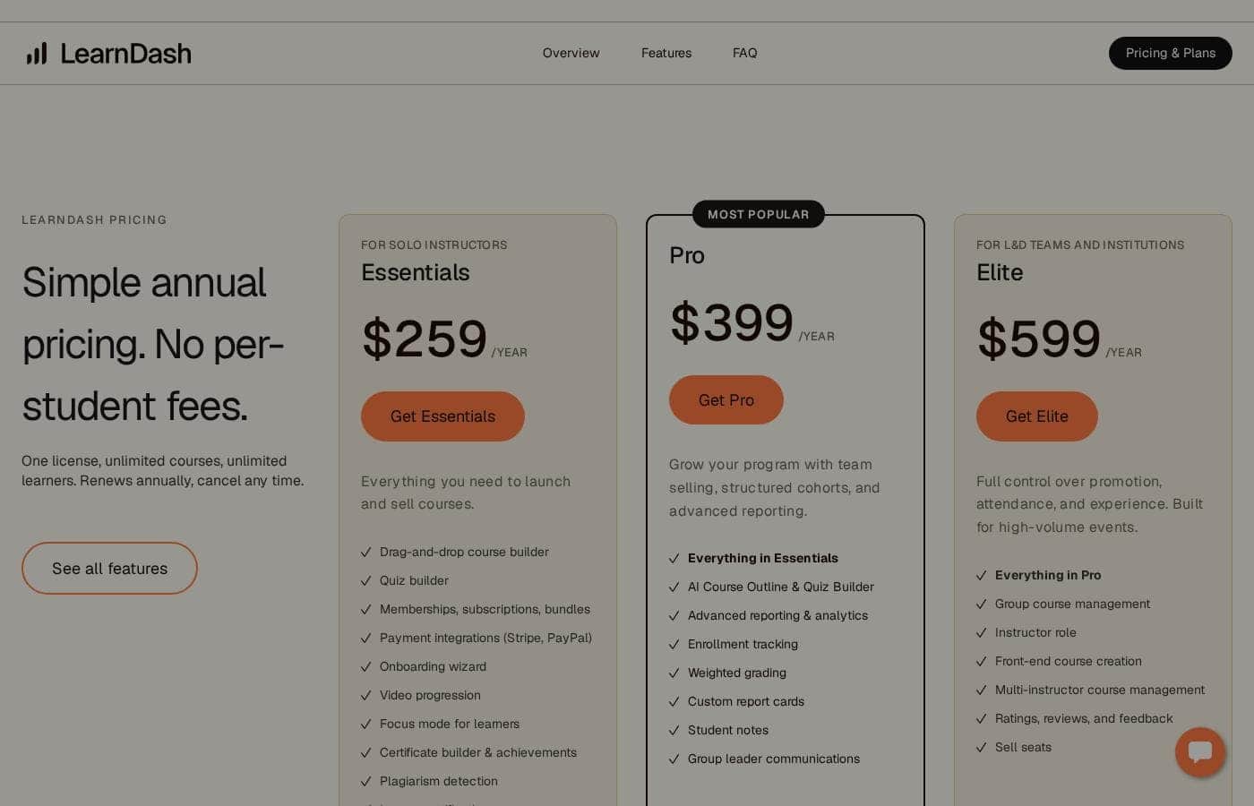 Learndash pricing page screenshot