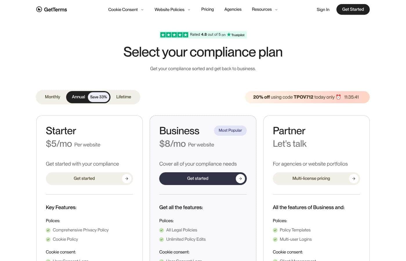 GetTerms pricing page screenshot