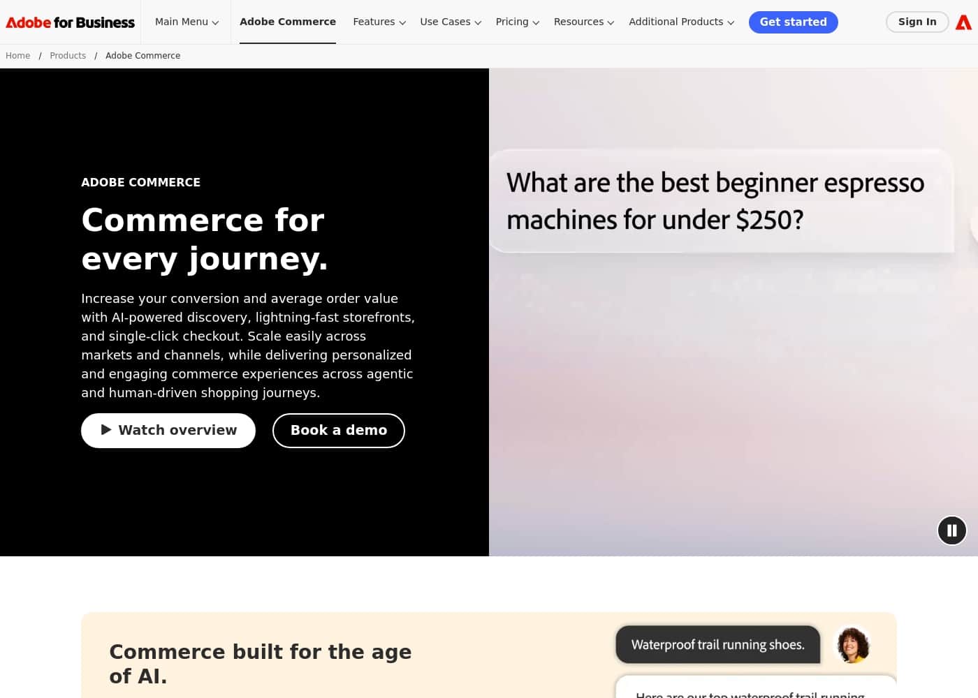 ภาพหน้าจอหลักของ Adobe Commerce