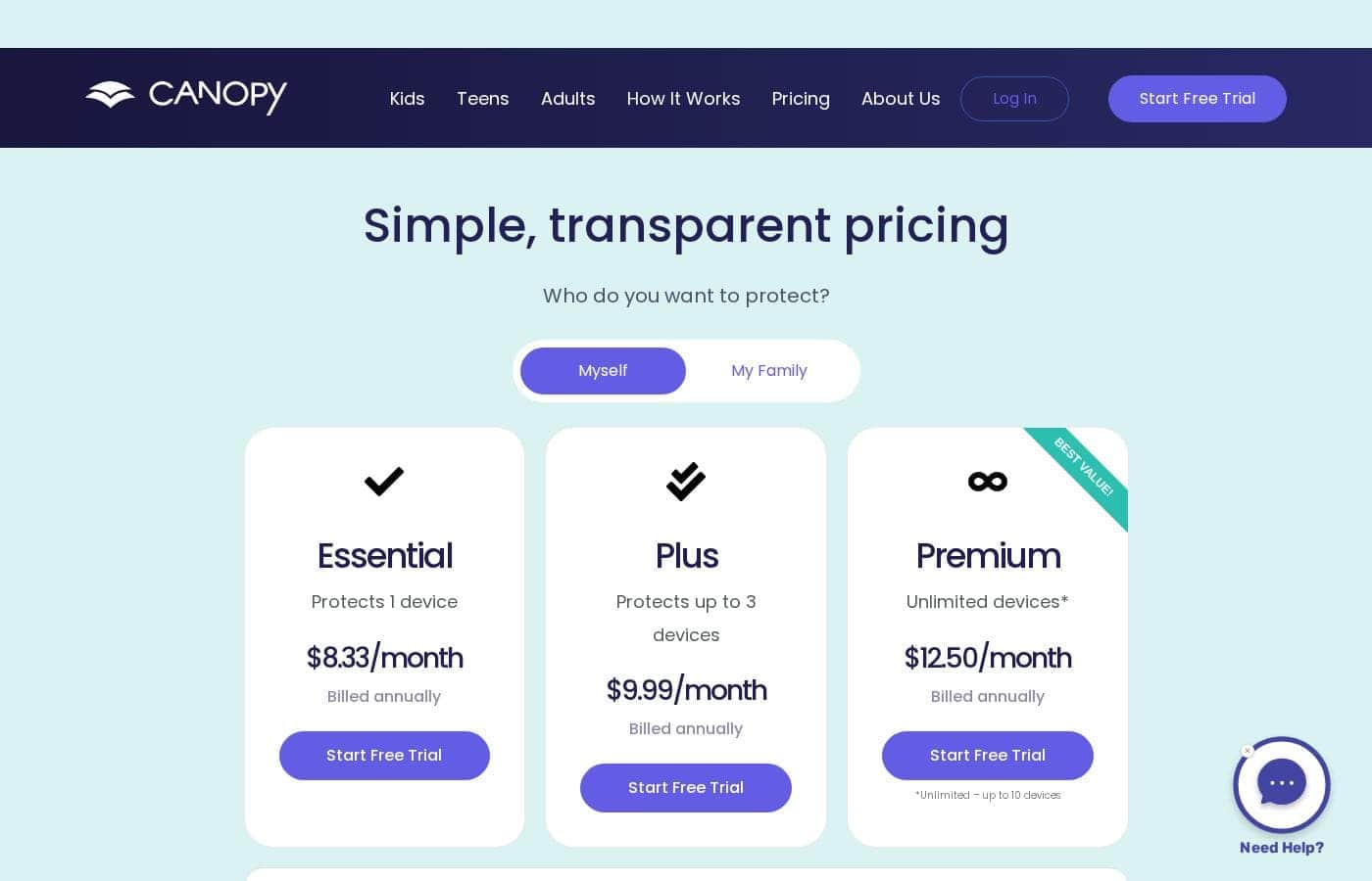 Canopy pricing page screenshot