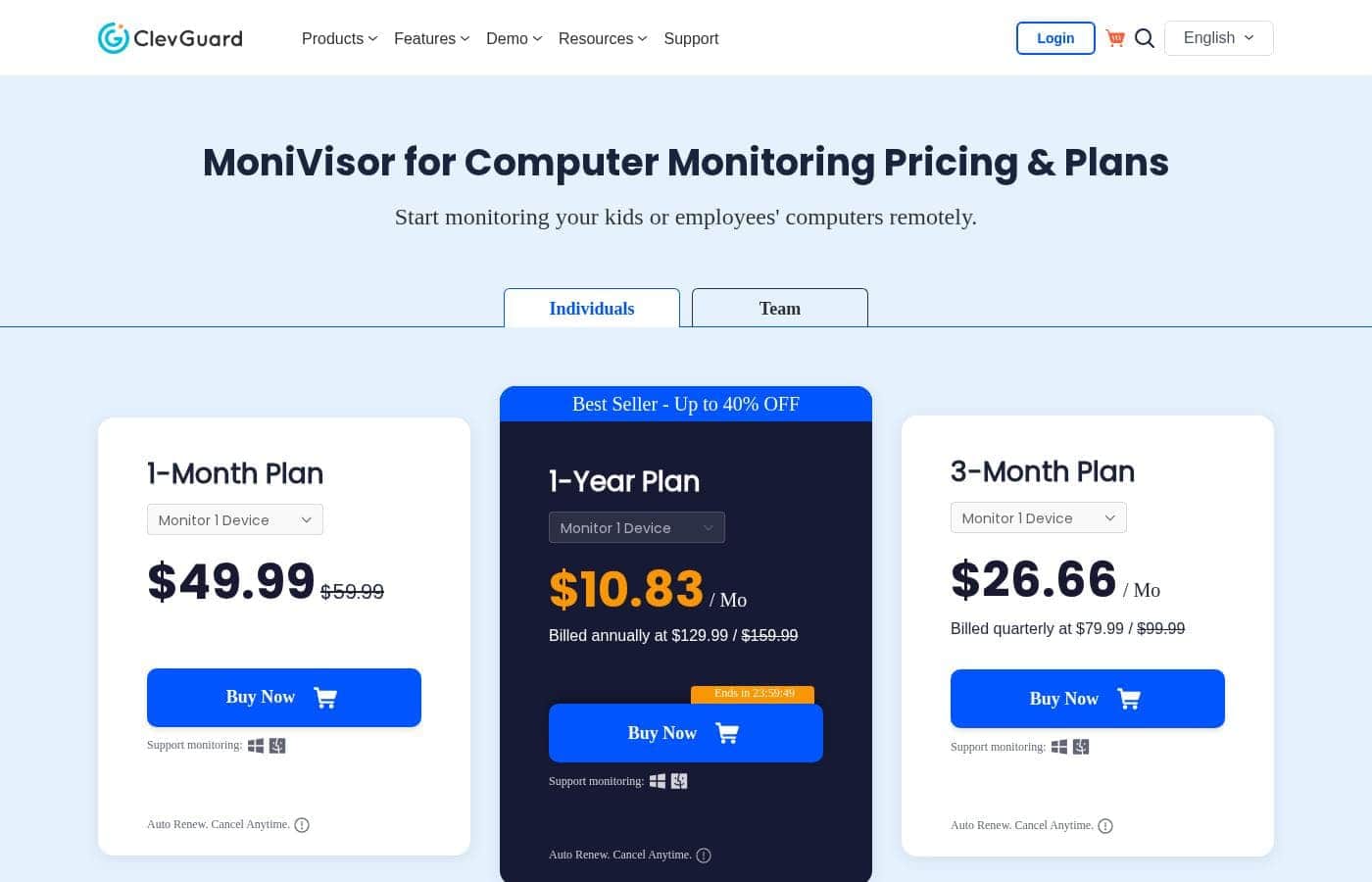 MoniVisor pricing page screenshot