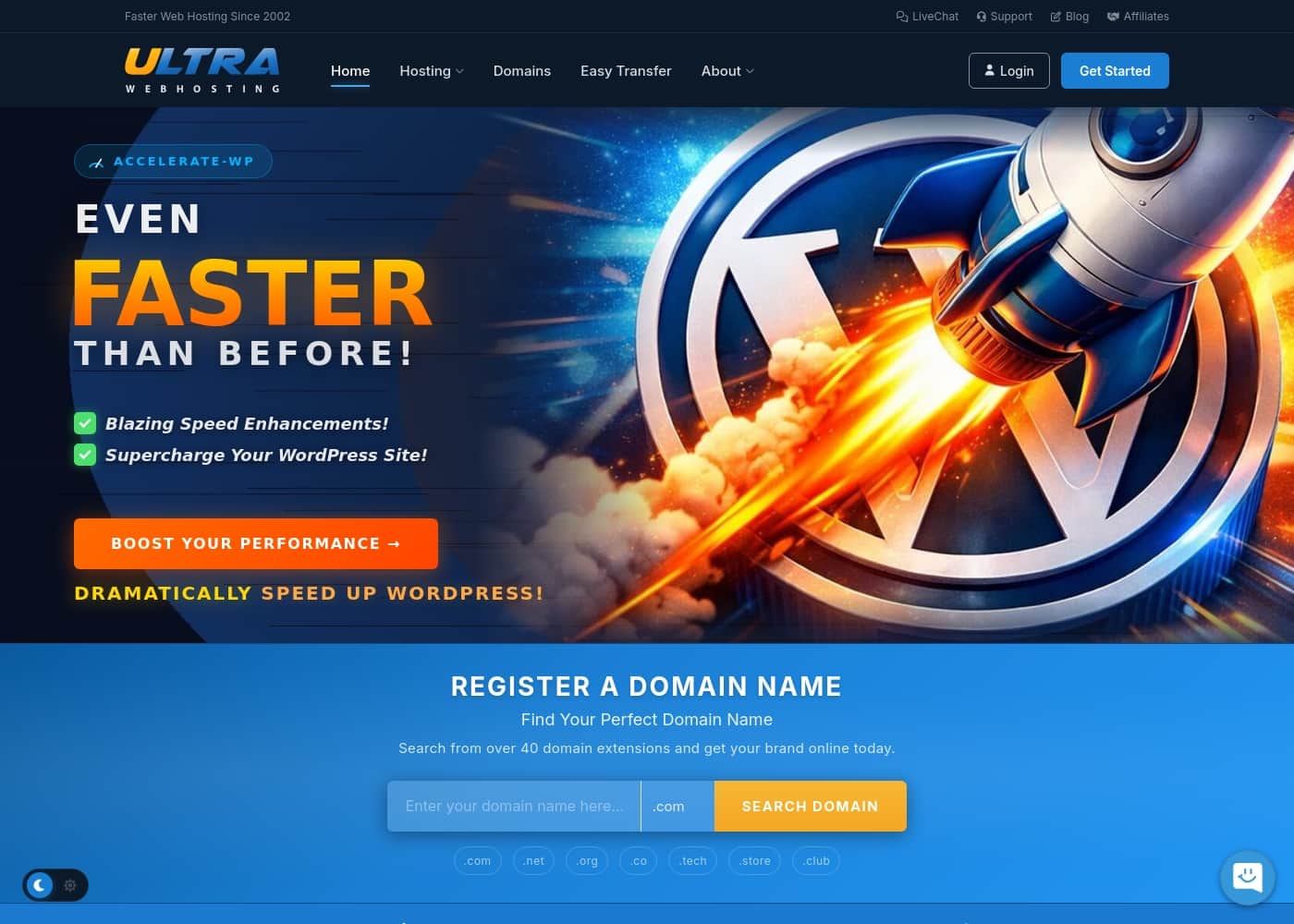 Captura de ecrã da página inicial do Ultra Web Hosting