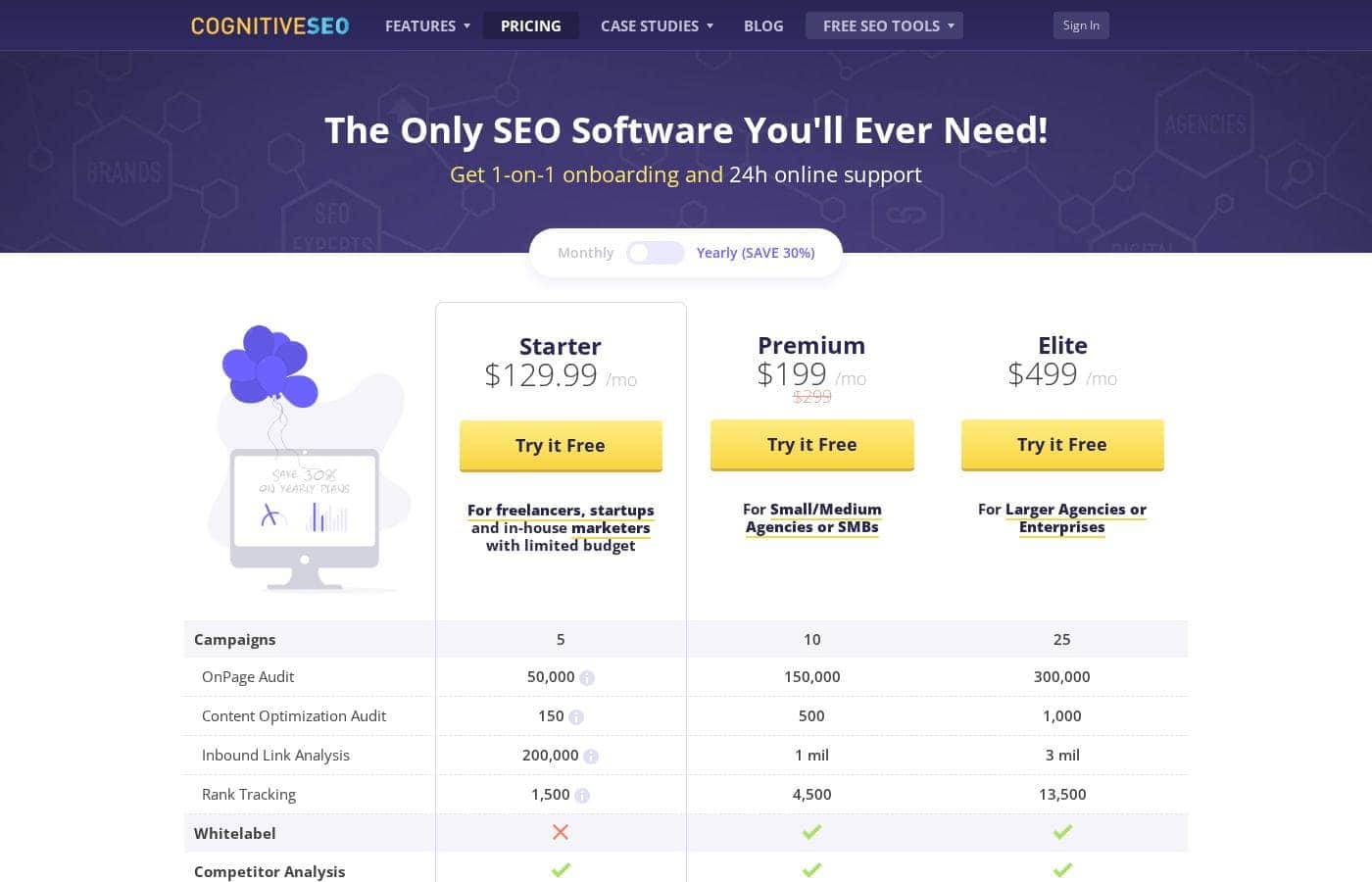 Capture d'écran de la page tarifs de CognitiveSEO