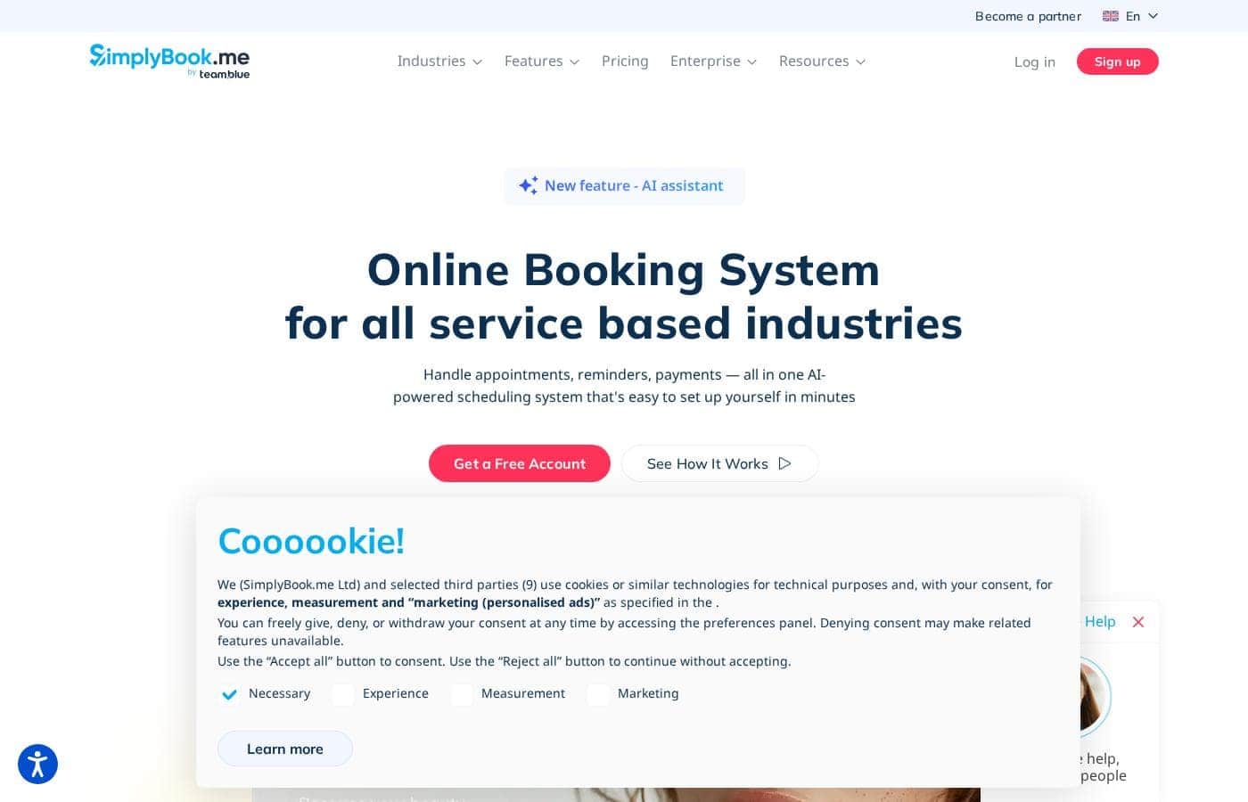 Screenshot della homepage di SimplyBook.me
