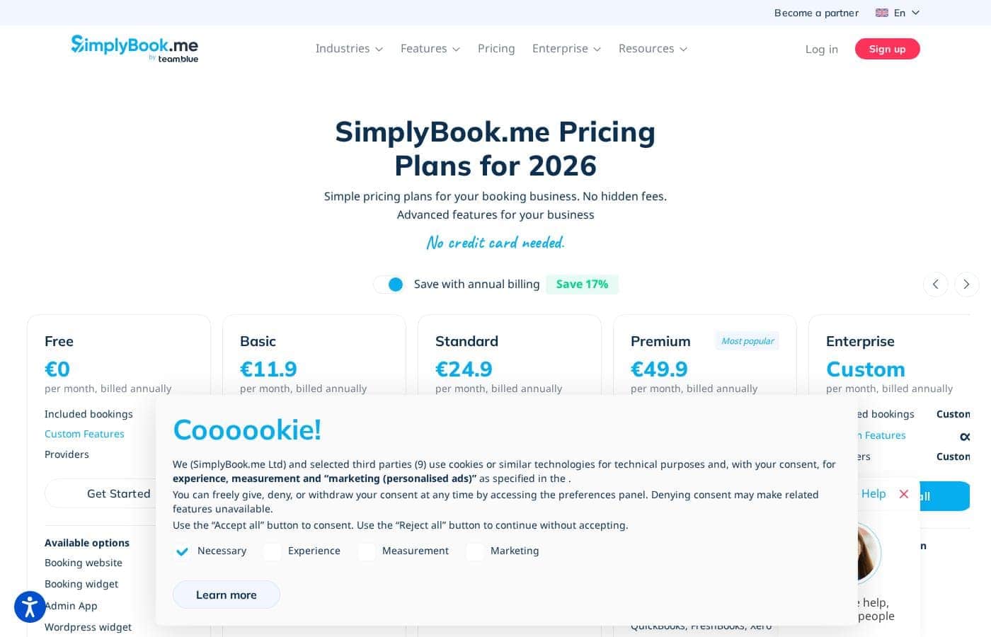 Screenshot della pagina prezzi di SimplyBook.me