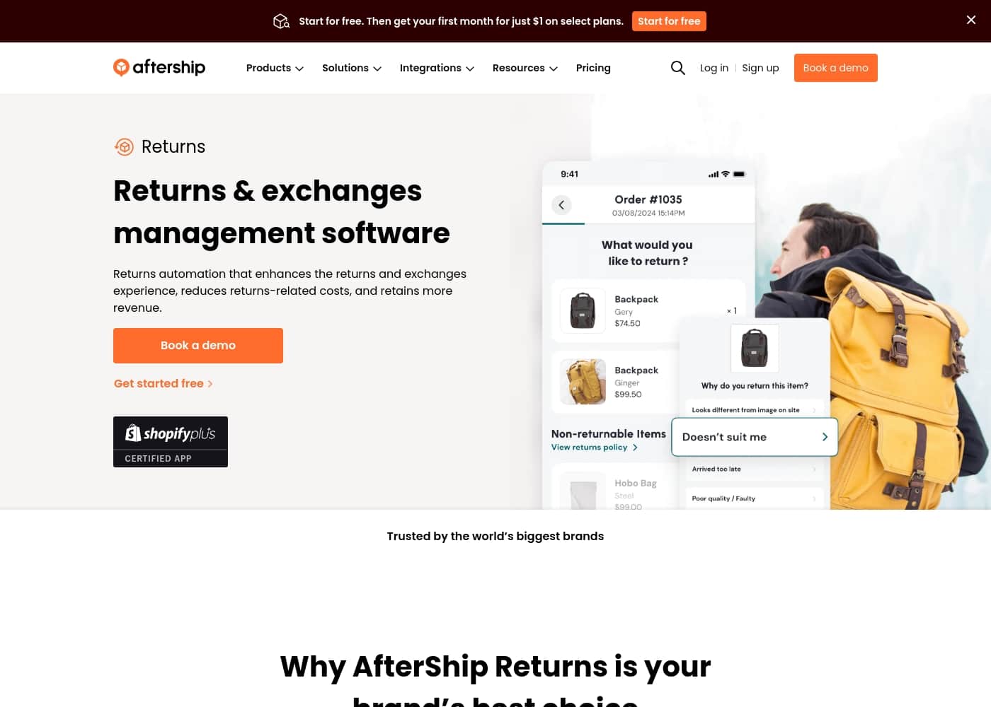 AfterShip Returns ana sayfa ekran görüntüsü