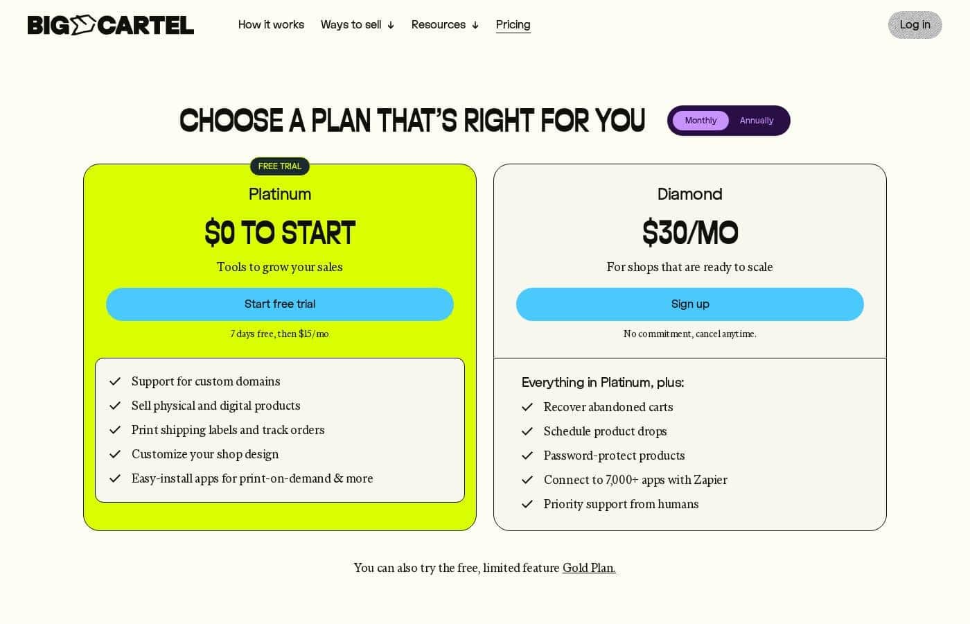 Big Cartel pricing page screenshot