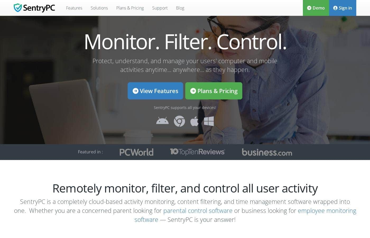 SentryPC homepage screenshot