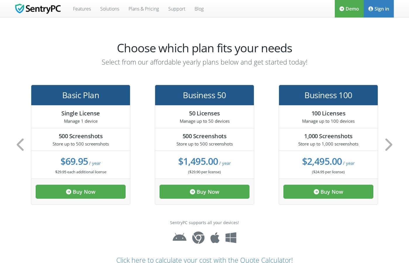 SentryPC pricing page screenshot