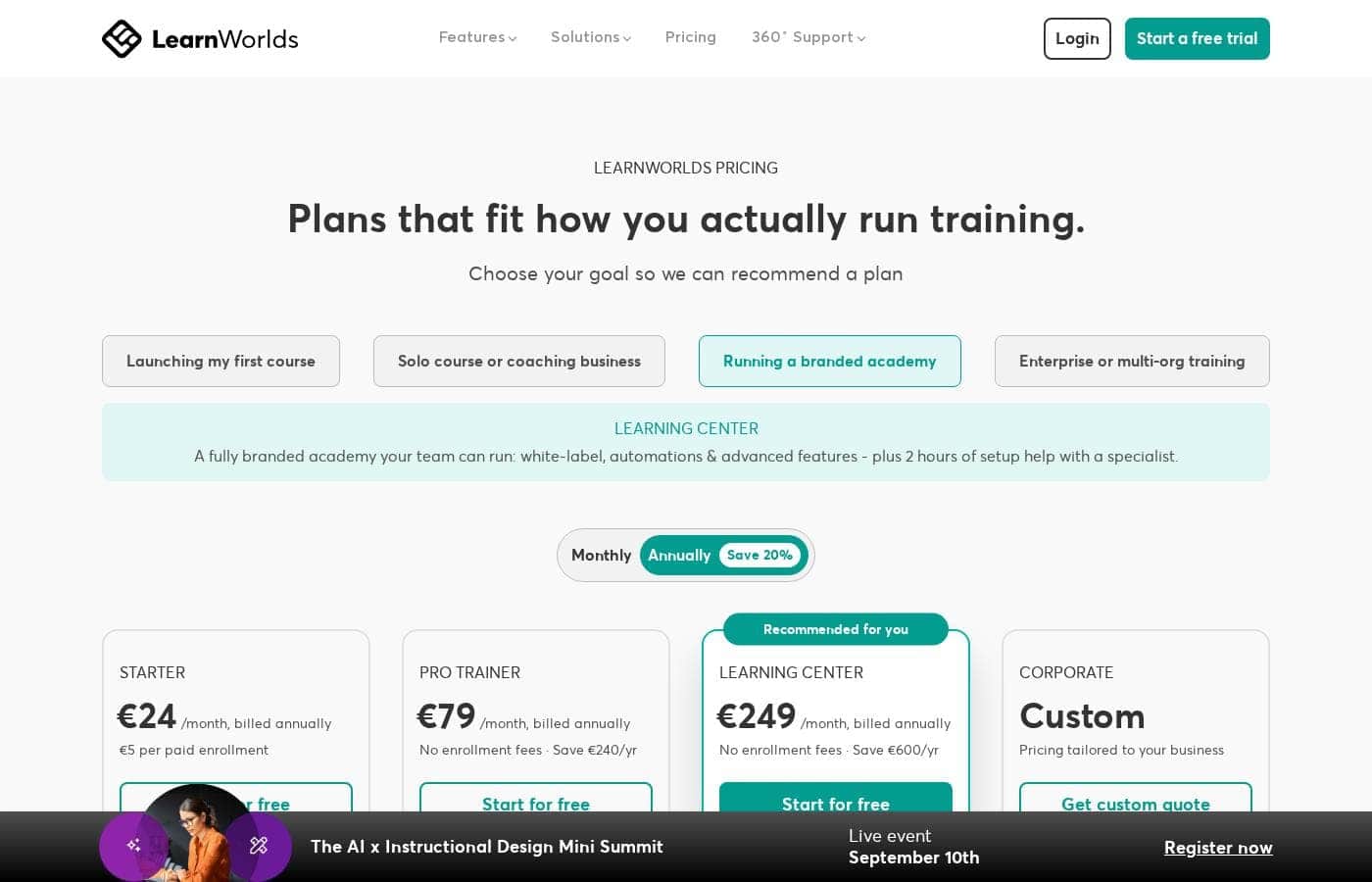 Learnworlds pricing page screenshot