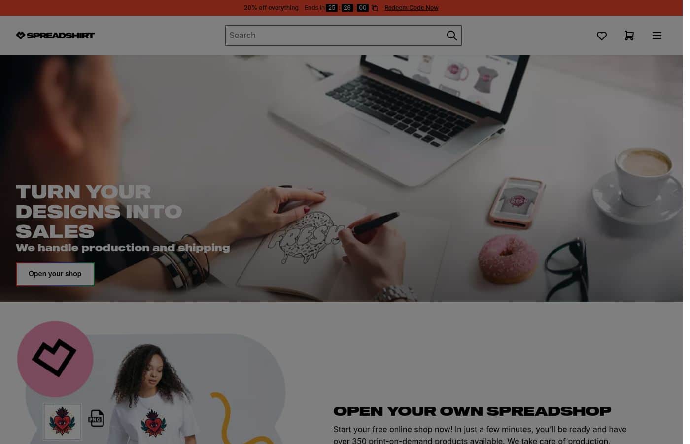 Capture d'écran de la page tarifs de Spreadshirt